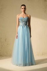 Special Moment Blue Embroidered Strapless Tulle Maxi Dress