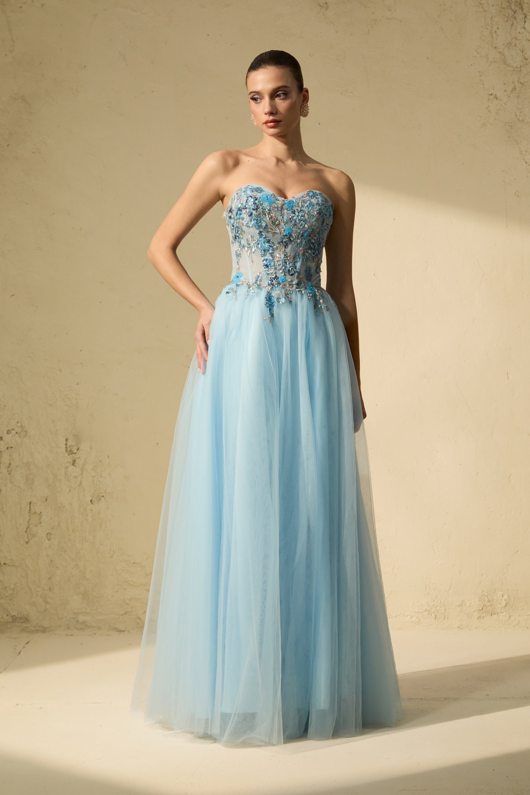 Special Moment Blue Embroidered Strapless Tulle Maxi Dress