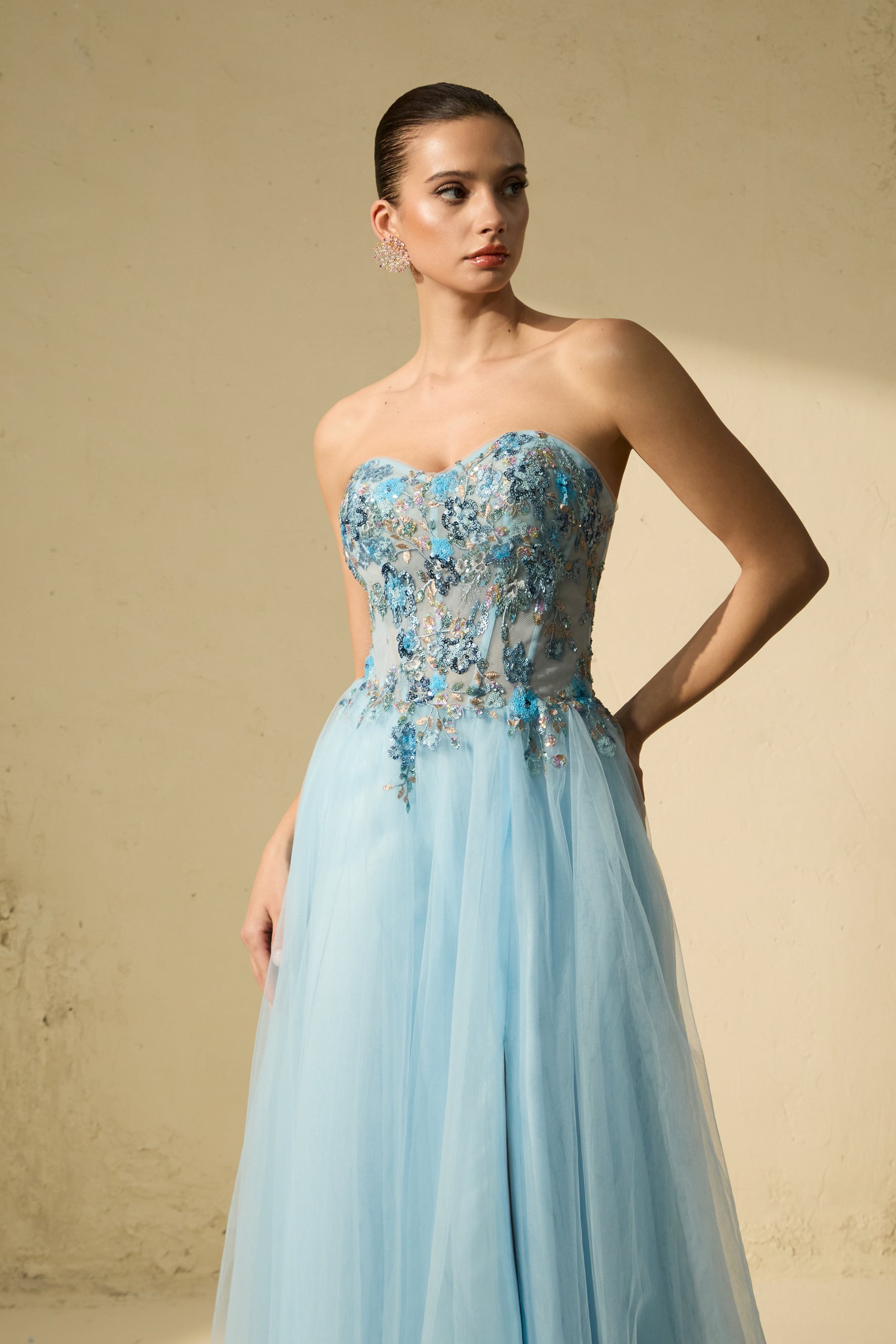 Special Moment Blue Embroidered Strapless Tulle Maxi Dress