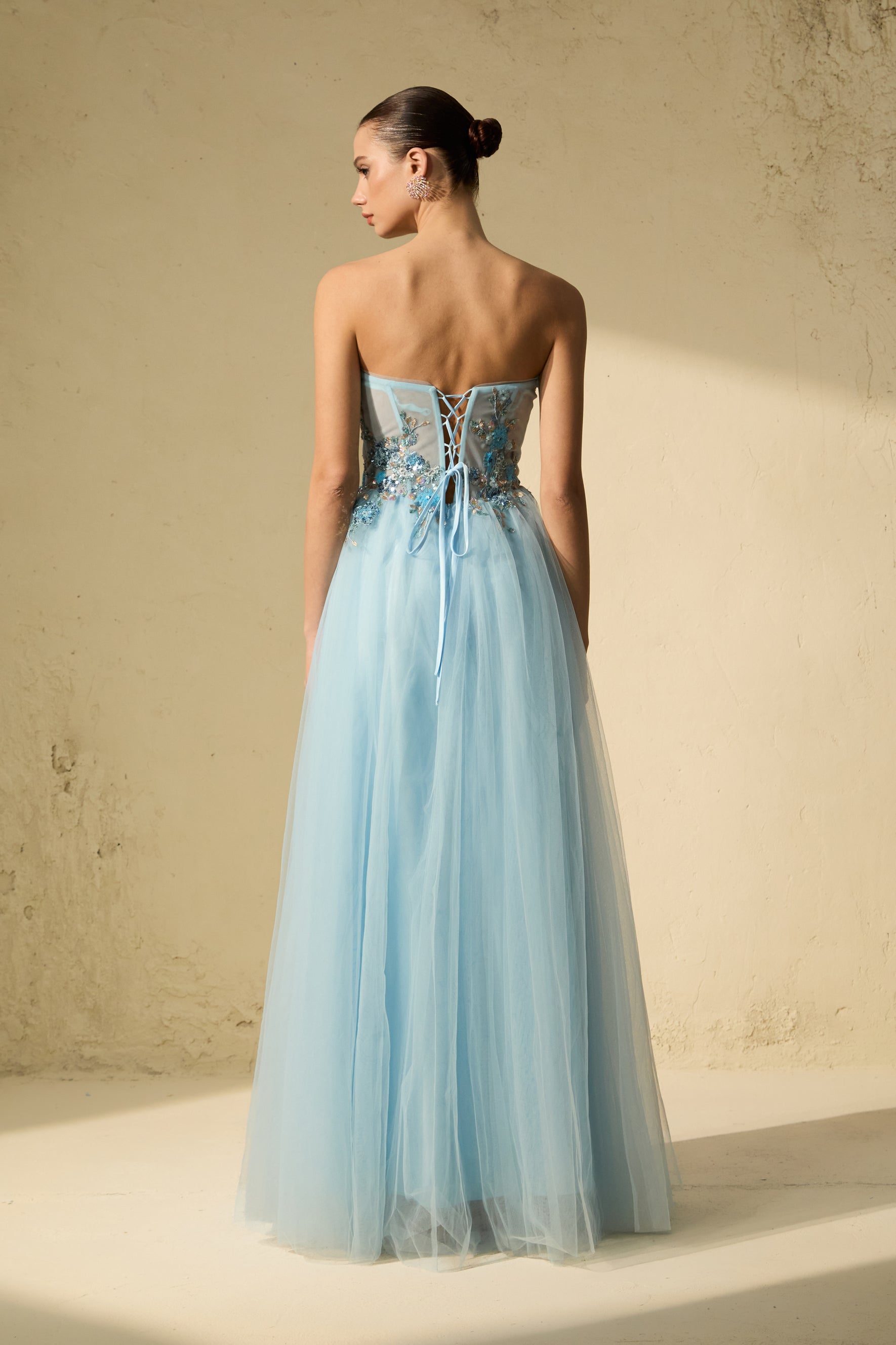 Special Moment Blue Embroidered Strapless Tulle Maxi Dress