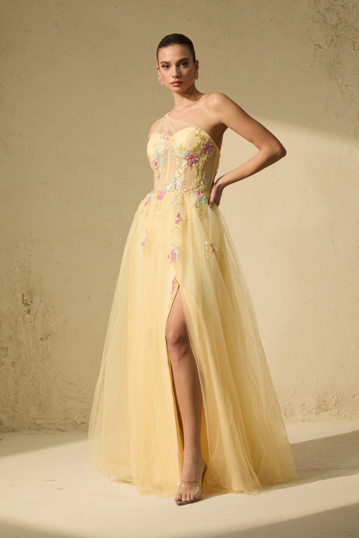 Glamorous Sweetie Yellow One-Shoulder Floral Embroidered Maxi Dress