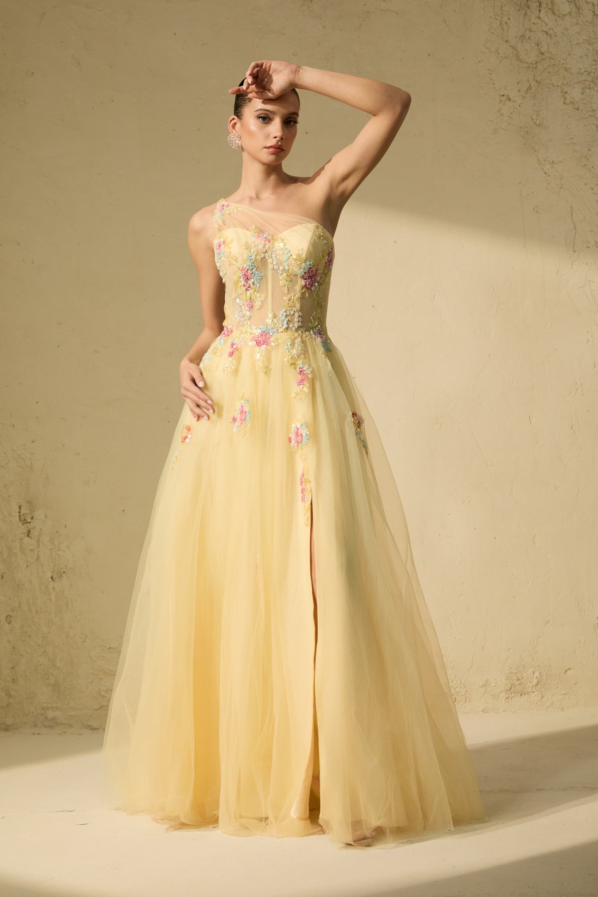 Glamorous Sweetie Yellow One-Shoulder Floral Embroidered Maxi Dress