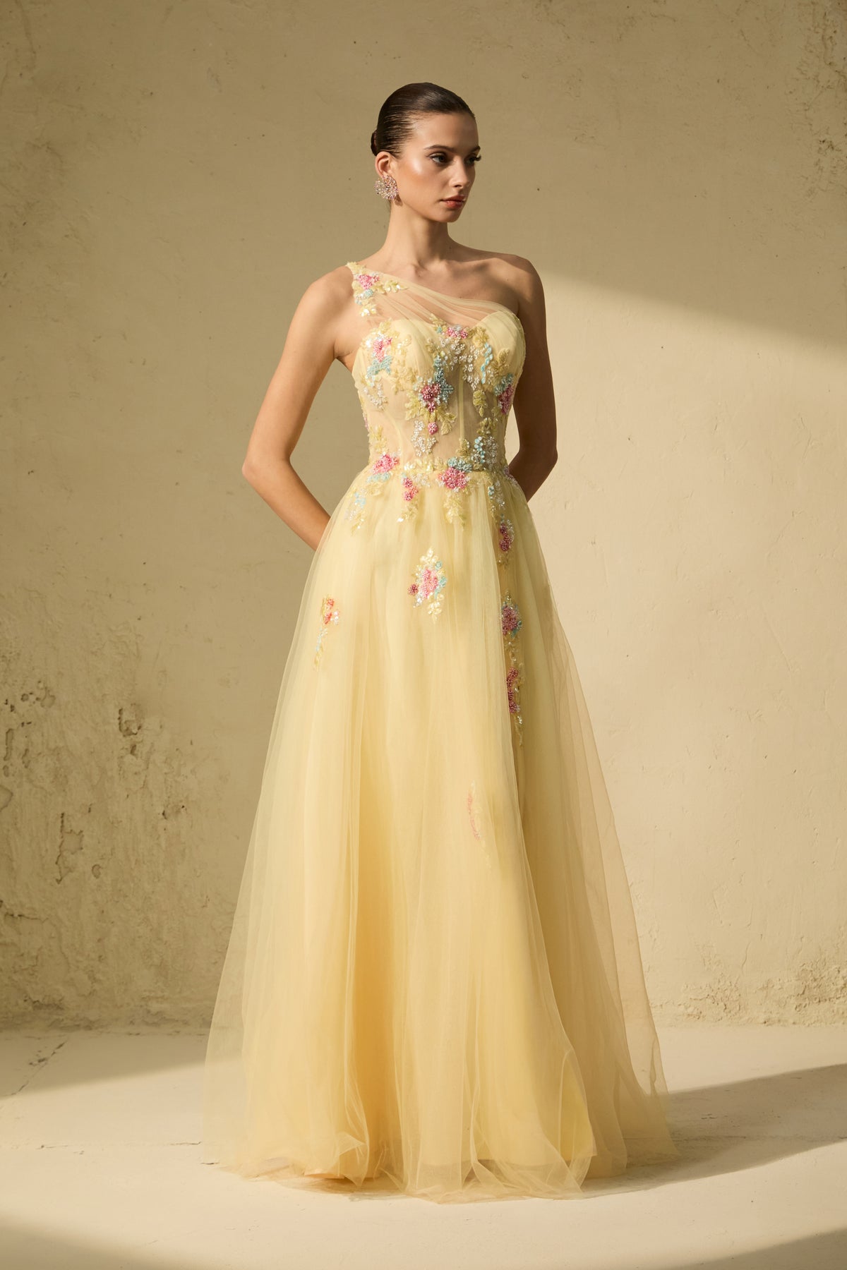 Glamorous Sweetie Yellow One-Shoulder Floral Embroidered Maxi Dress