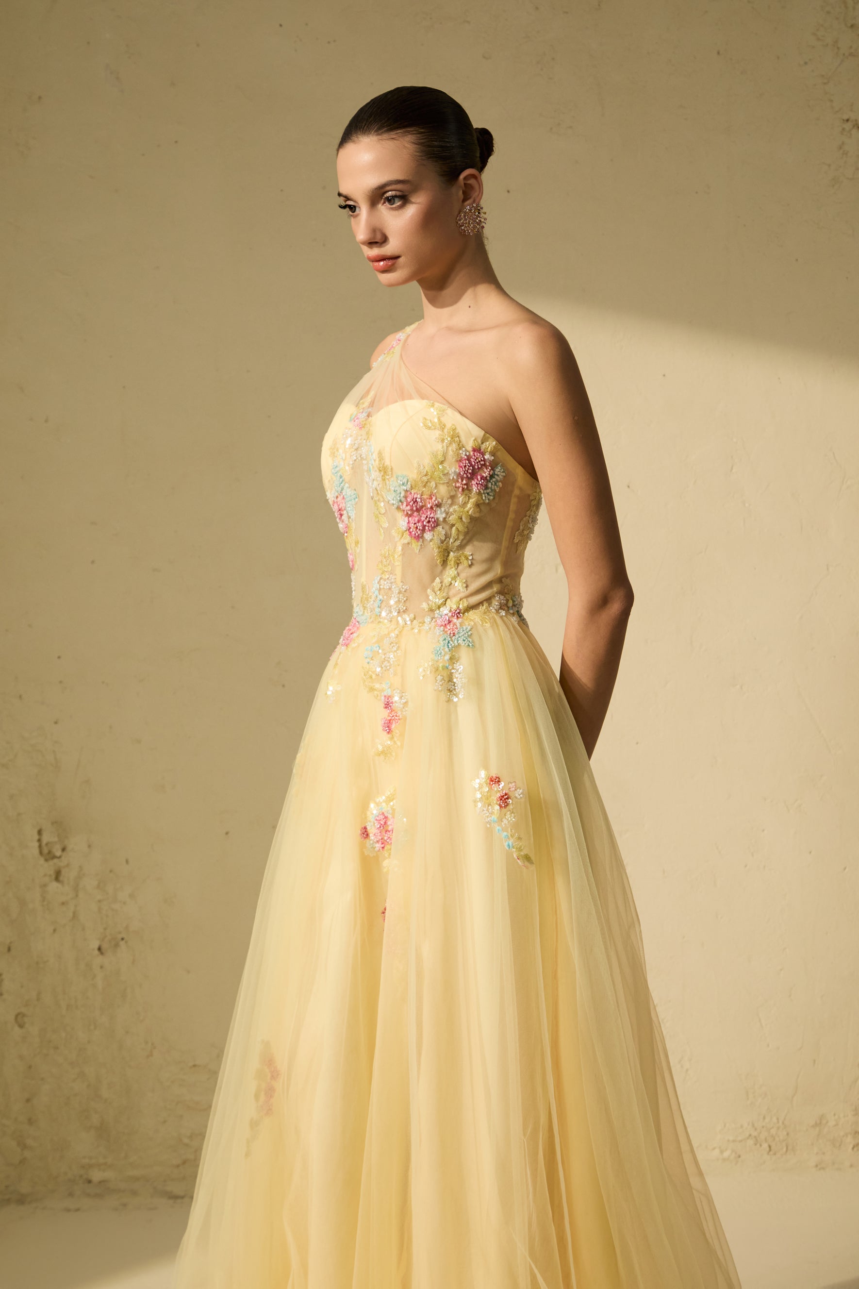Glamorous Sweetie Yellow One-Shoulder Floral Embroidered Maxi Dress