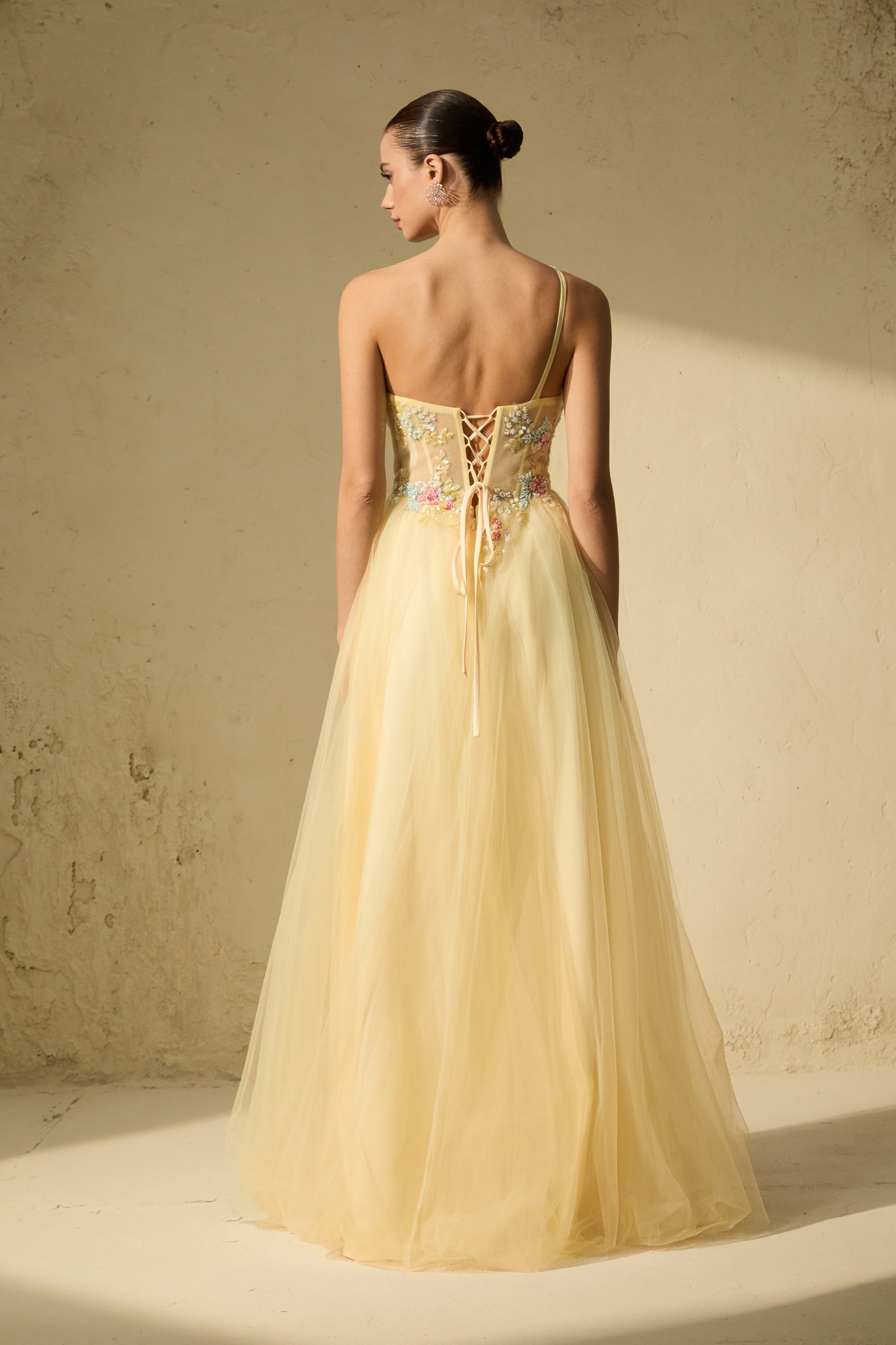 Glamorous Sweetie Yellow One-Shoulder Floral Embroidered Maxi Dress