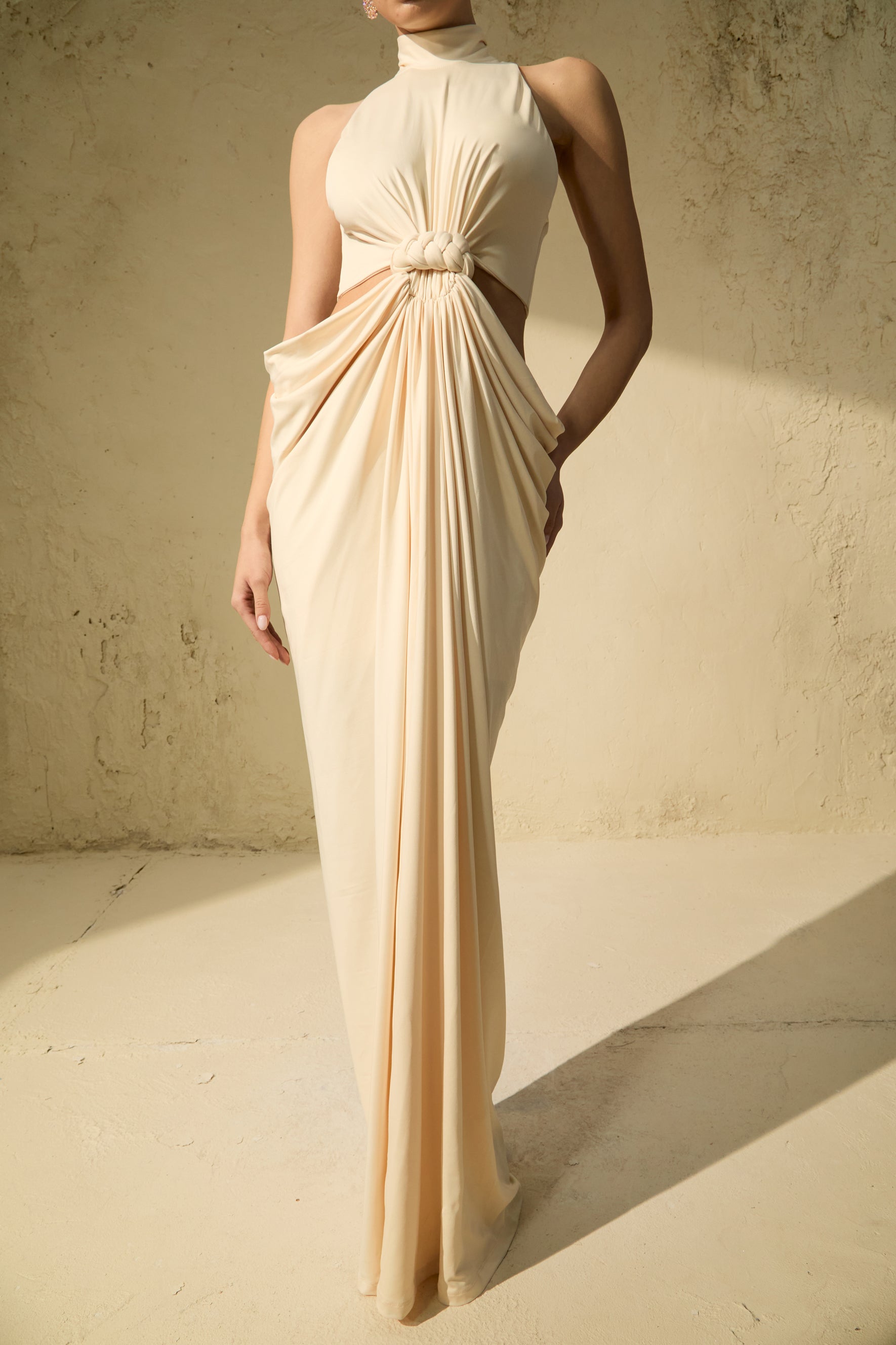 Her Signature Style Beige High Neck Twist Maxi Dress