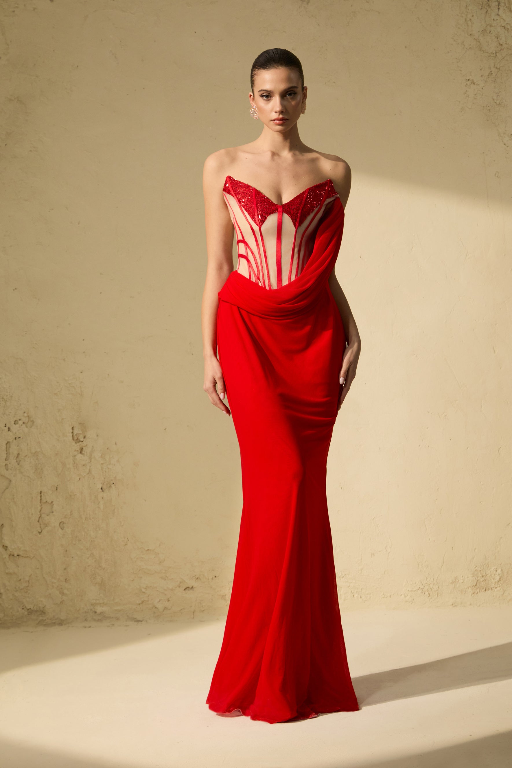 Queen Worthy Red Corset Bodice Draped Maxi Dress