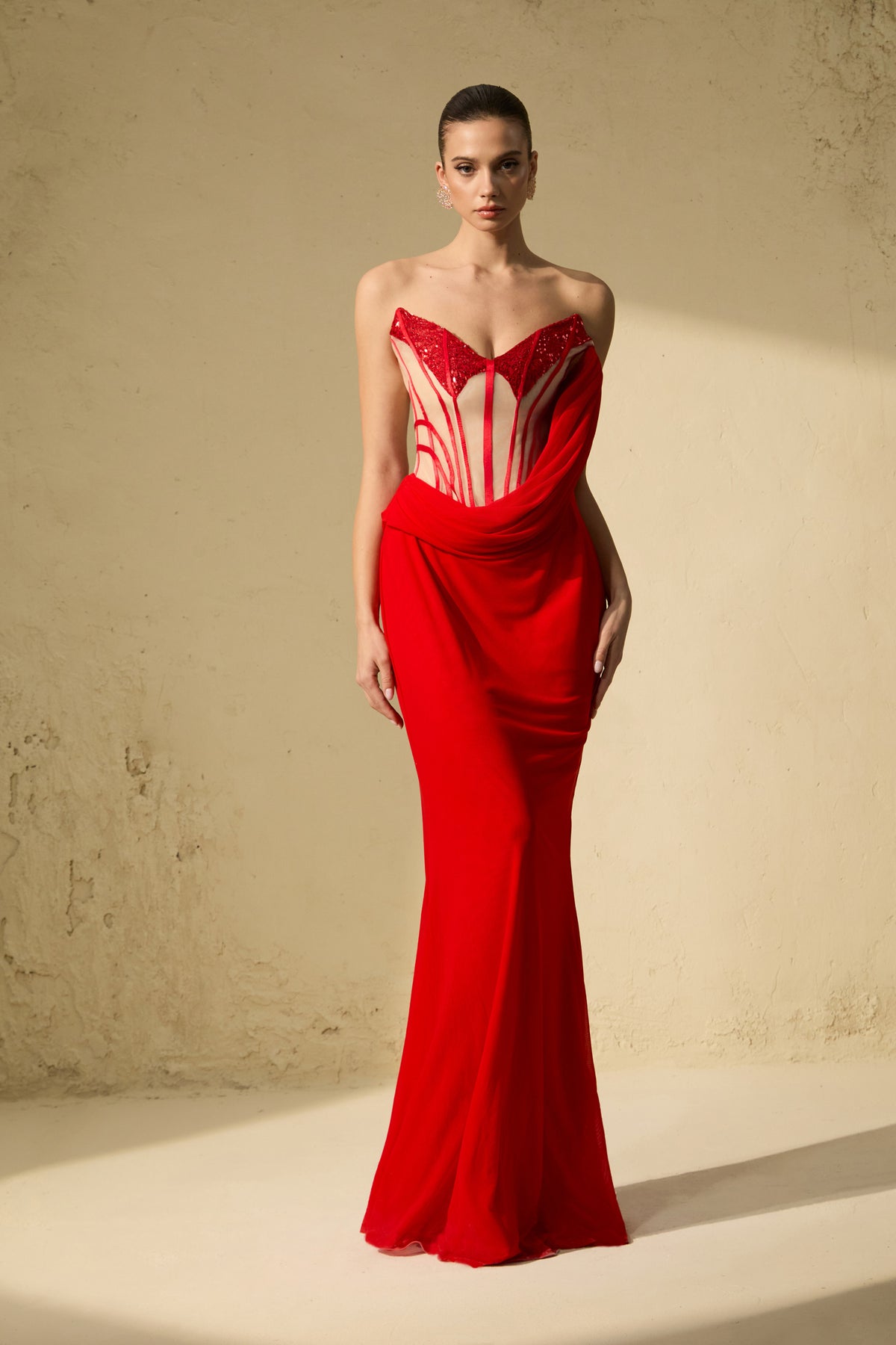 Queen Worthy Red Corset Bodice Draped Maxi Dress