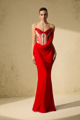 Queen Worthy Red Corset Bodice Draped Maxi Dress