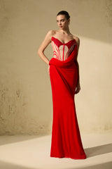 Queen Worthy Red Corset Bodice Draped Maxi Dress