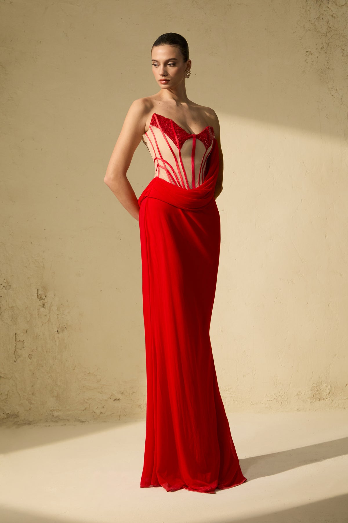 Queen Worthy Red Corset Bodice Draped Maxi Dress