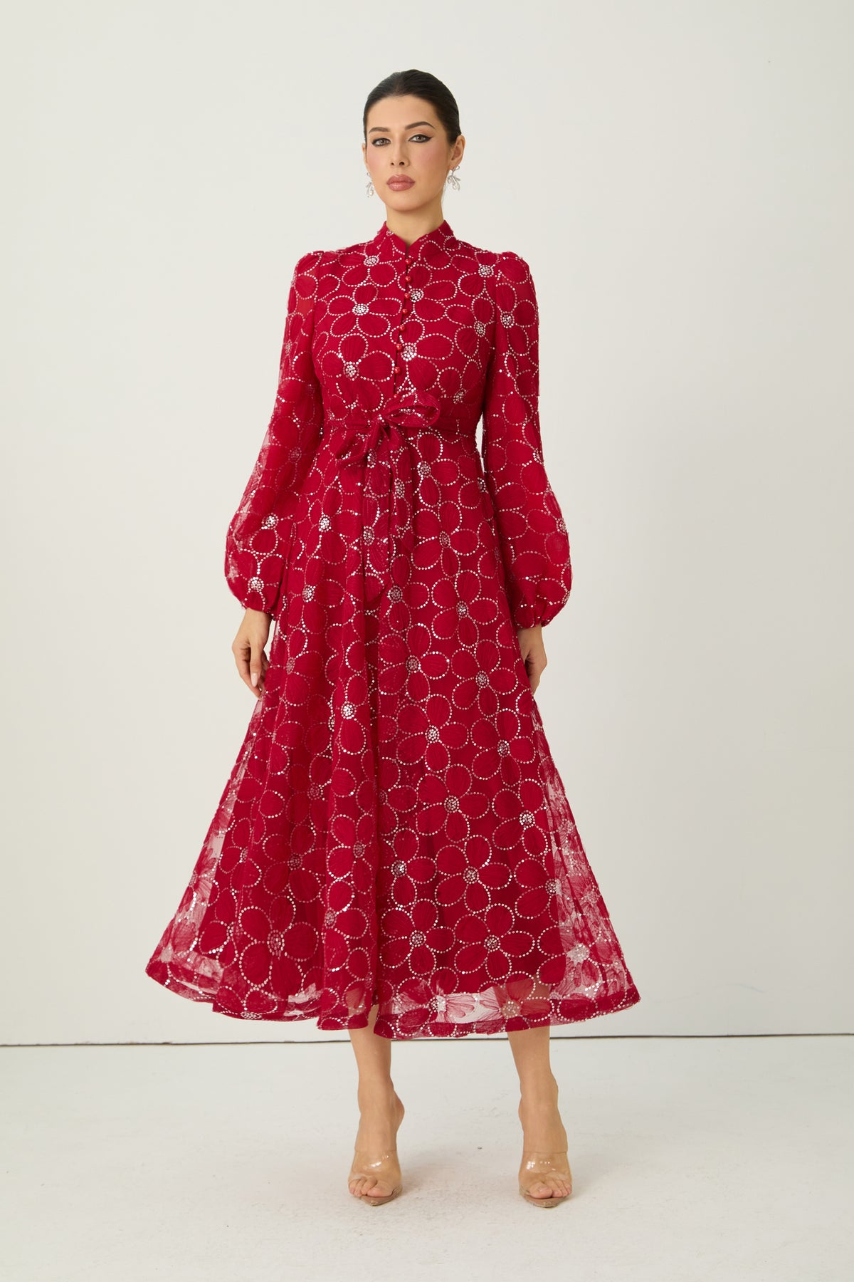 Charming Event Red Sequin Floral Embroidered Maxi Dress
