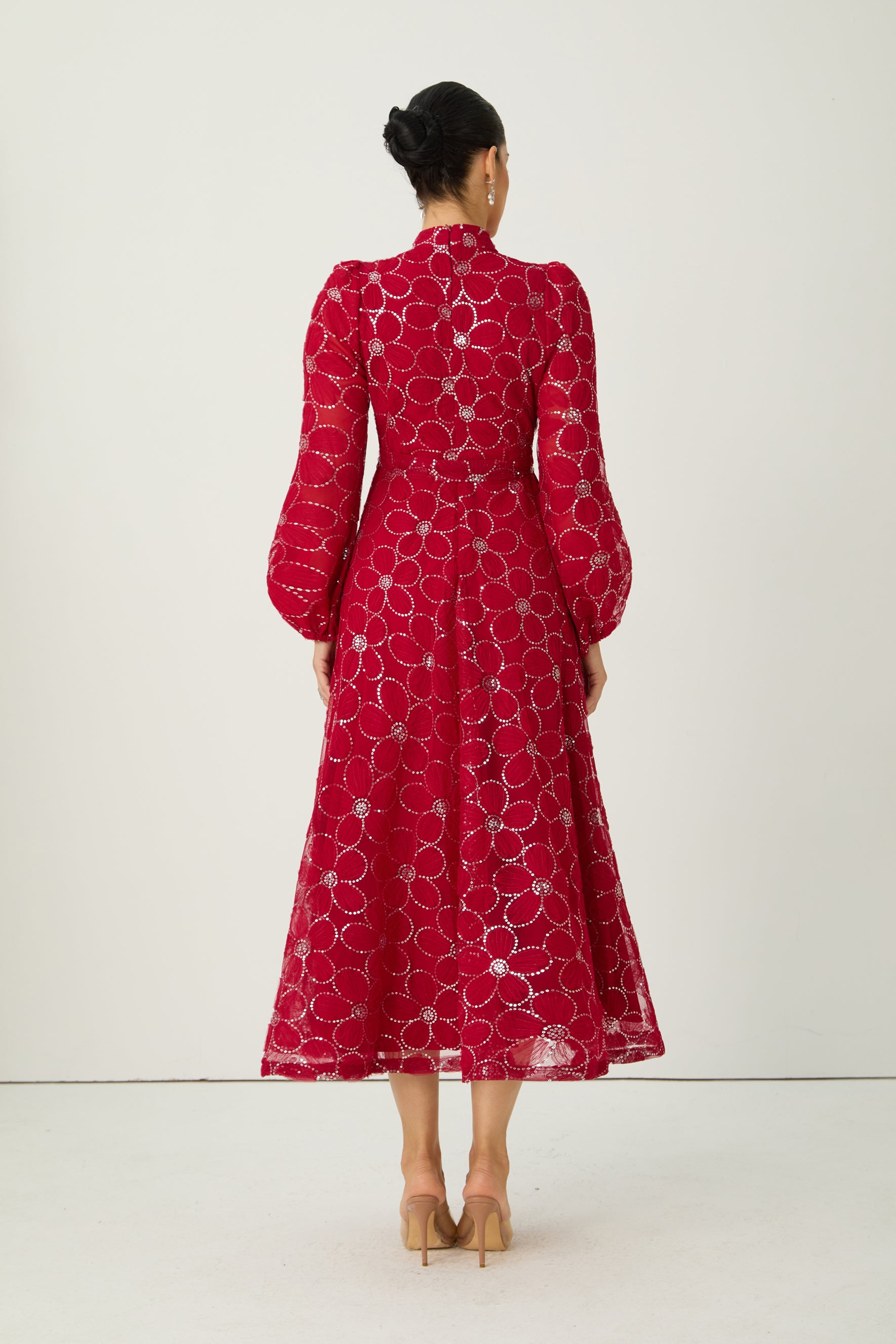 Charming Event Red Sequin Floral Embroidered Maxi Dress