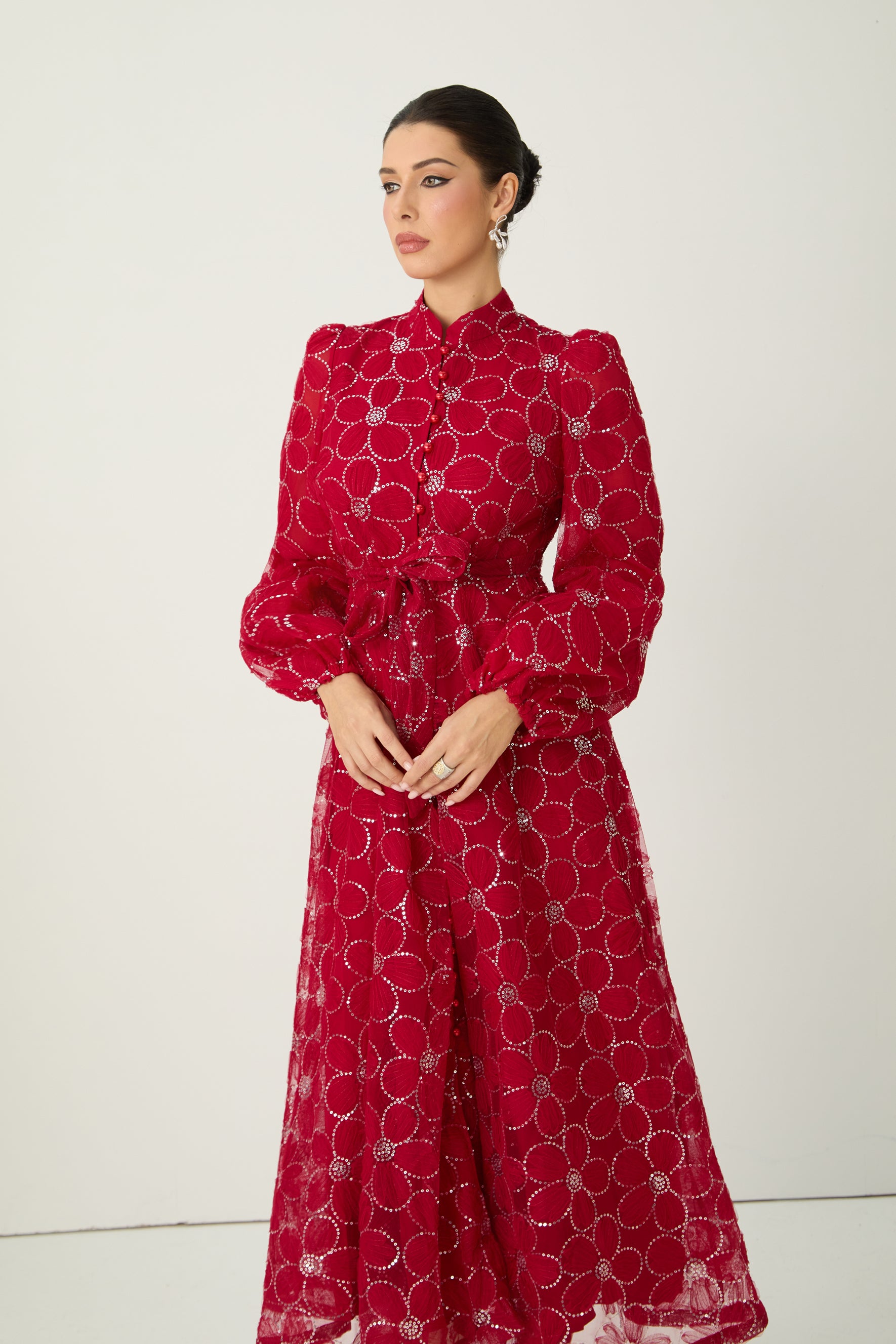 Charming Event Red Sequin Floral Embroidered Maxi Dress