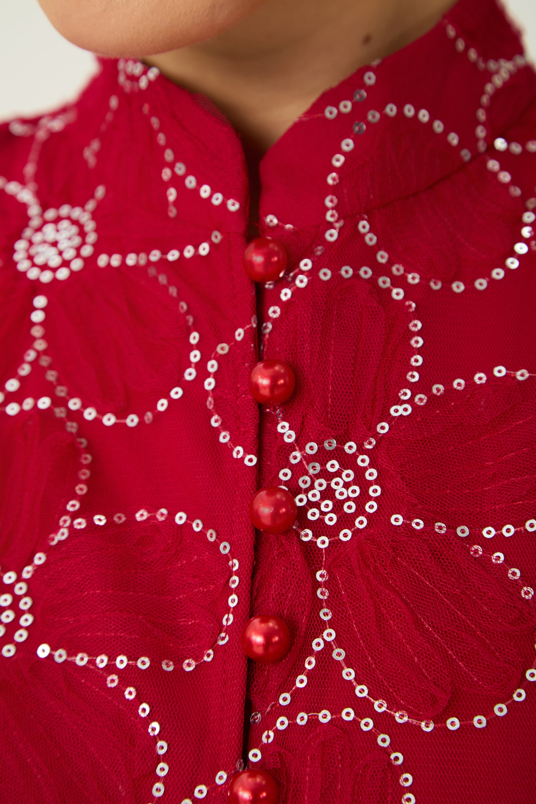 Charming Event Red Sequin Floral Embroidered Maxi Dress