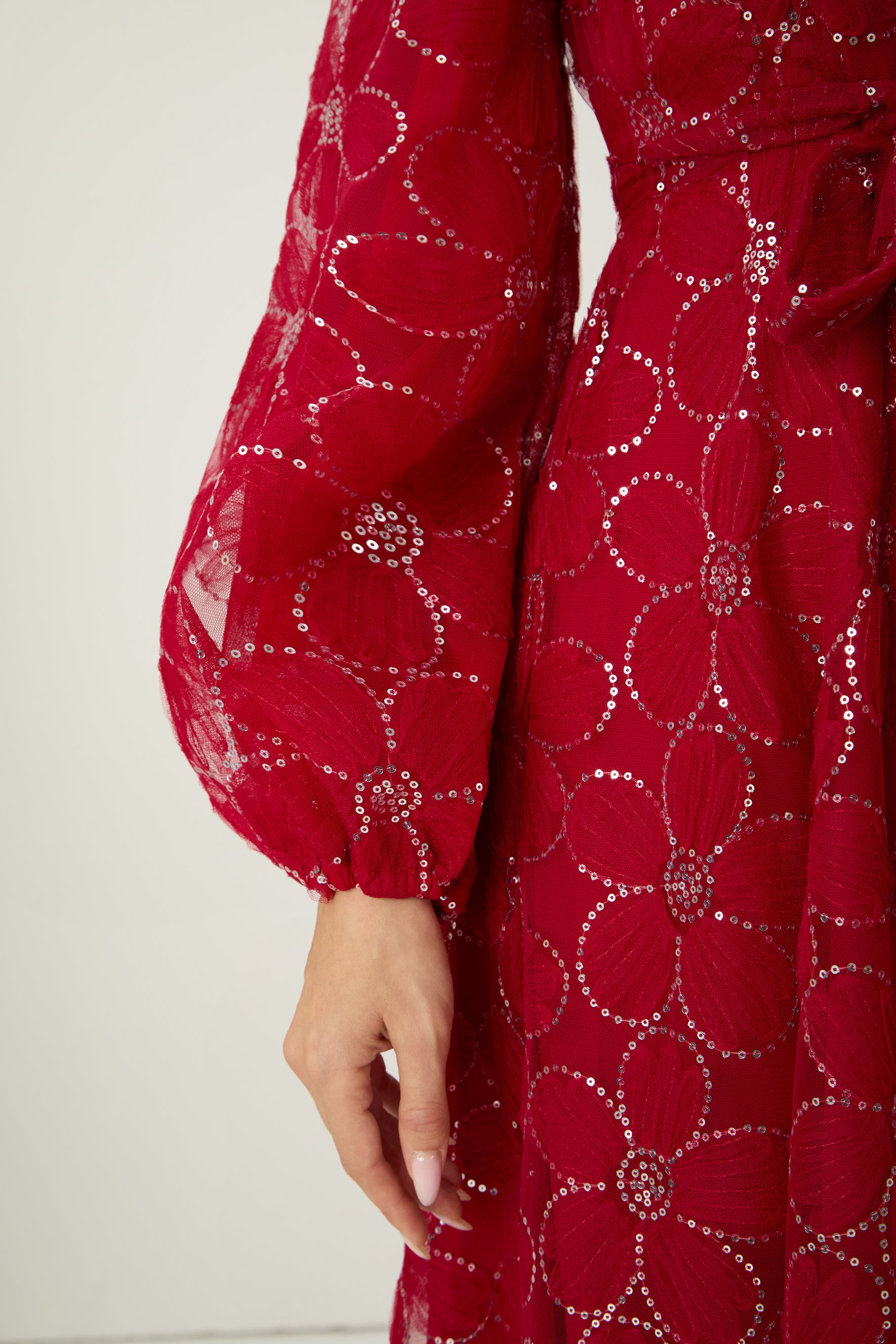 Charming Event Red Sequin Floral Embroidered Maxi Dress