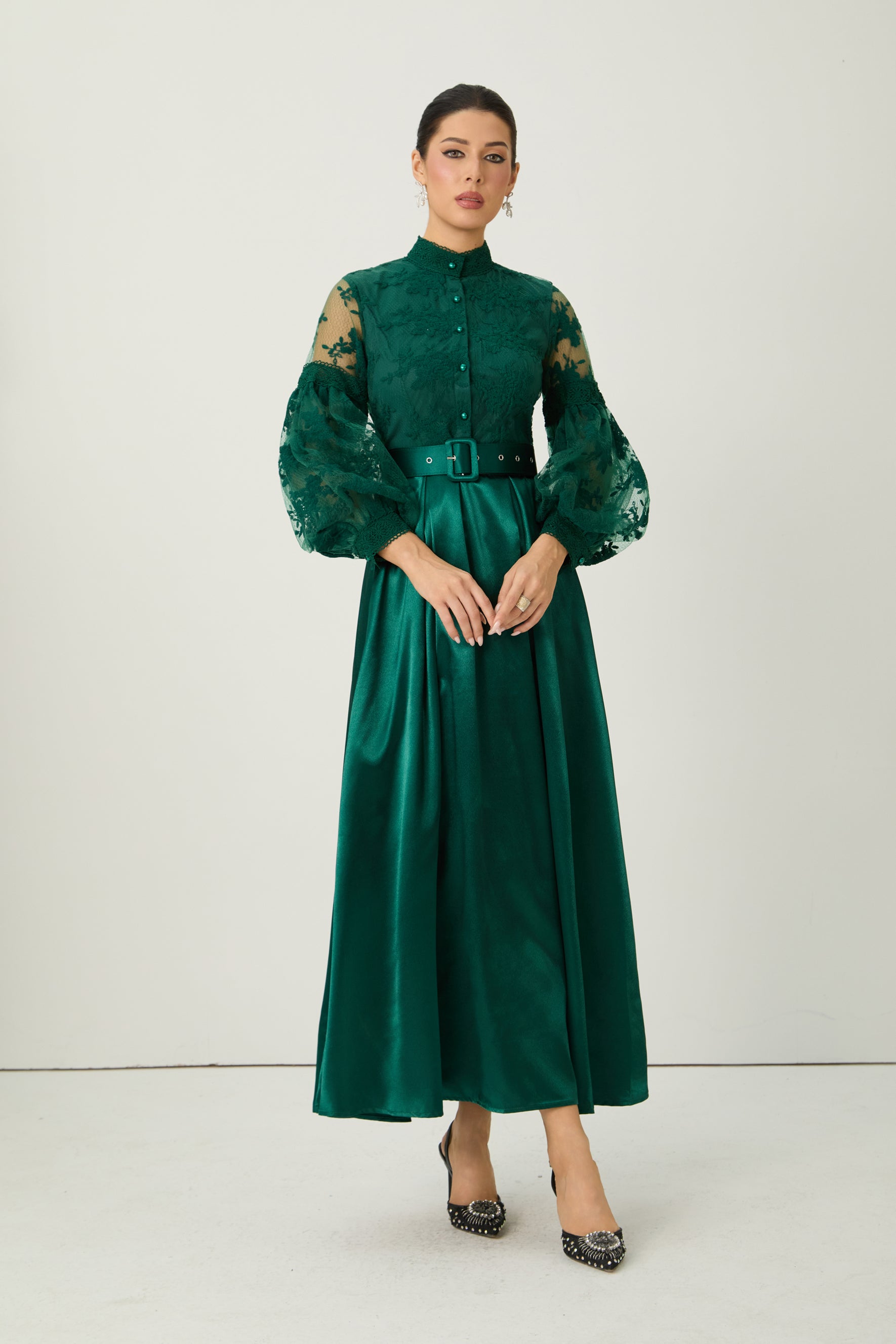 Perfectly Flirtatious Green Sheer Lace Sleeve Maxi Dress