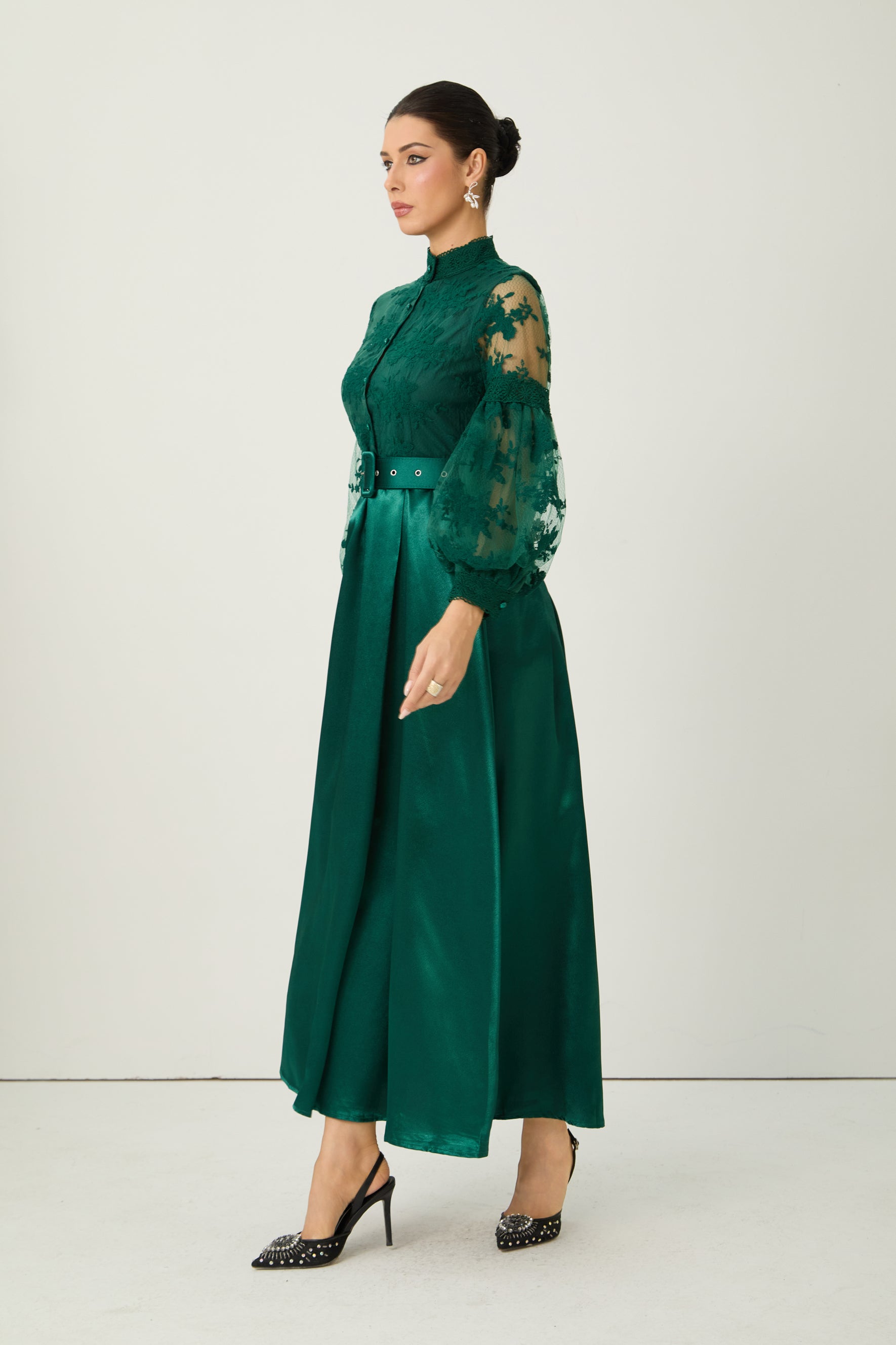 Perfectly Flirtatious Green Sheer Lace Sleeve Maxi Dress