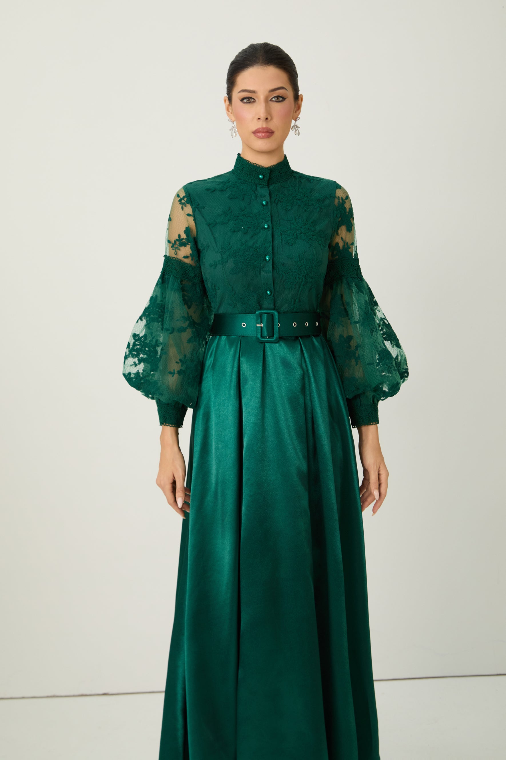 Perfectly Flirtatious Green Sheer Lace Sleeve Maxi Dress