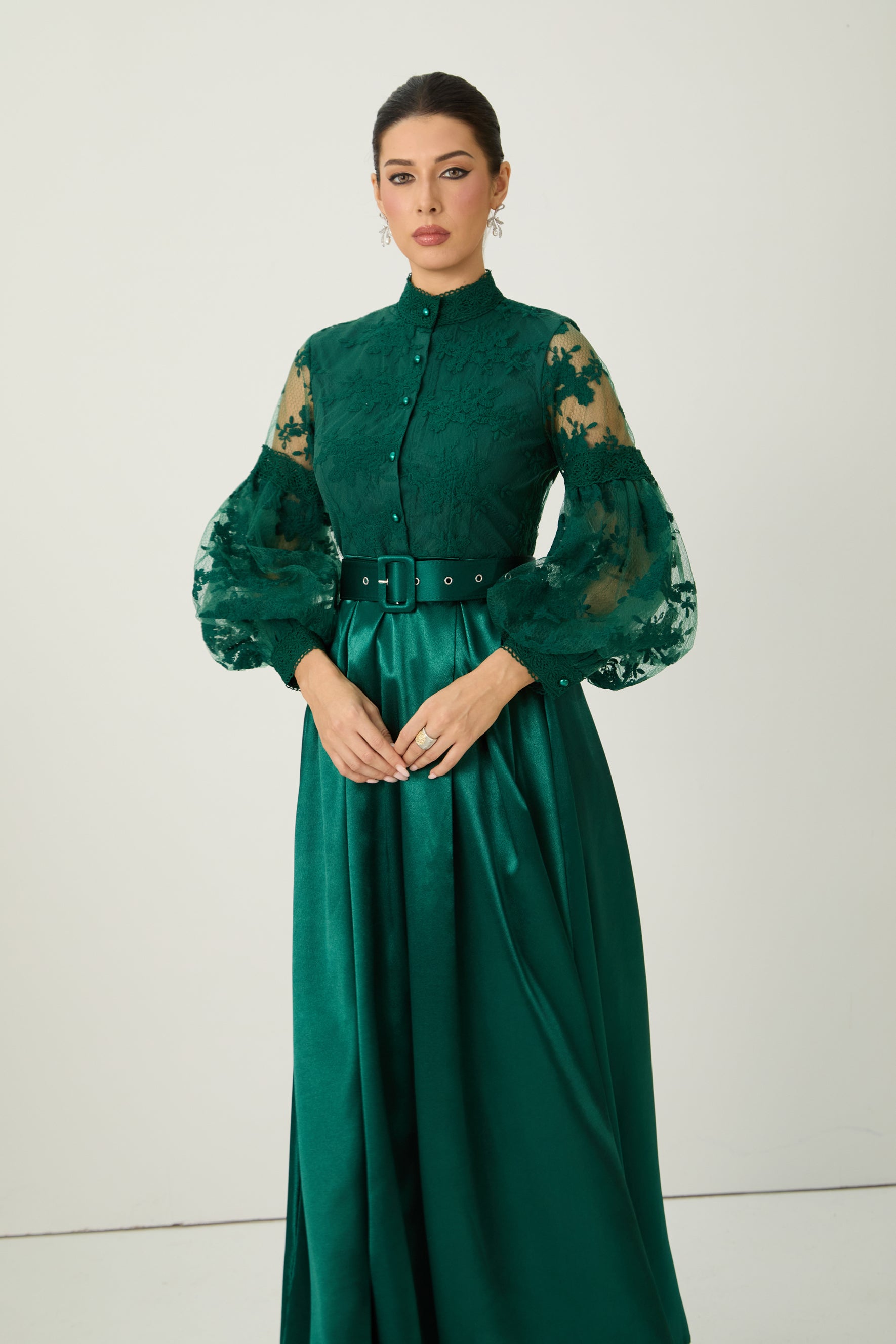 Perfectly Flirtatious Green Sheer Lace Sleeve Maxi Dress