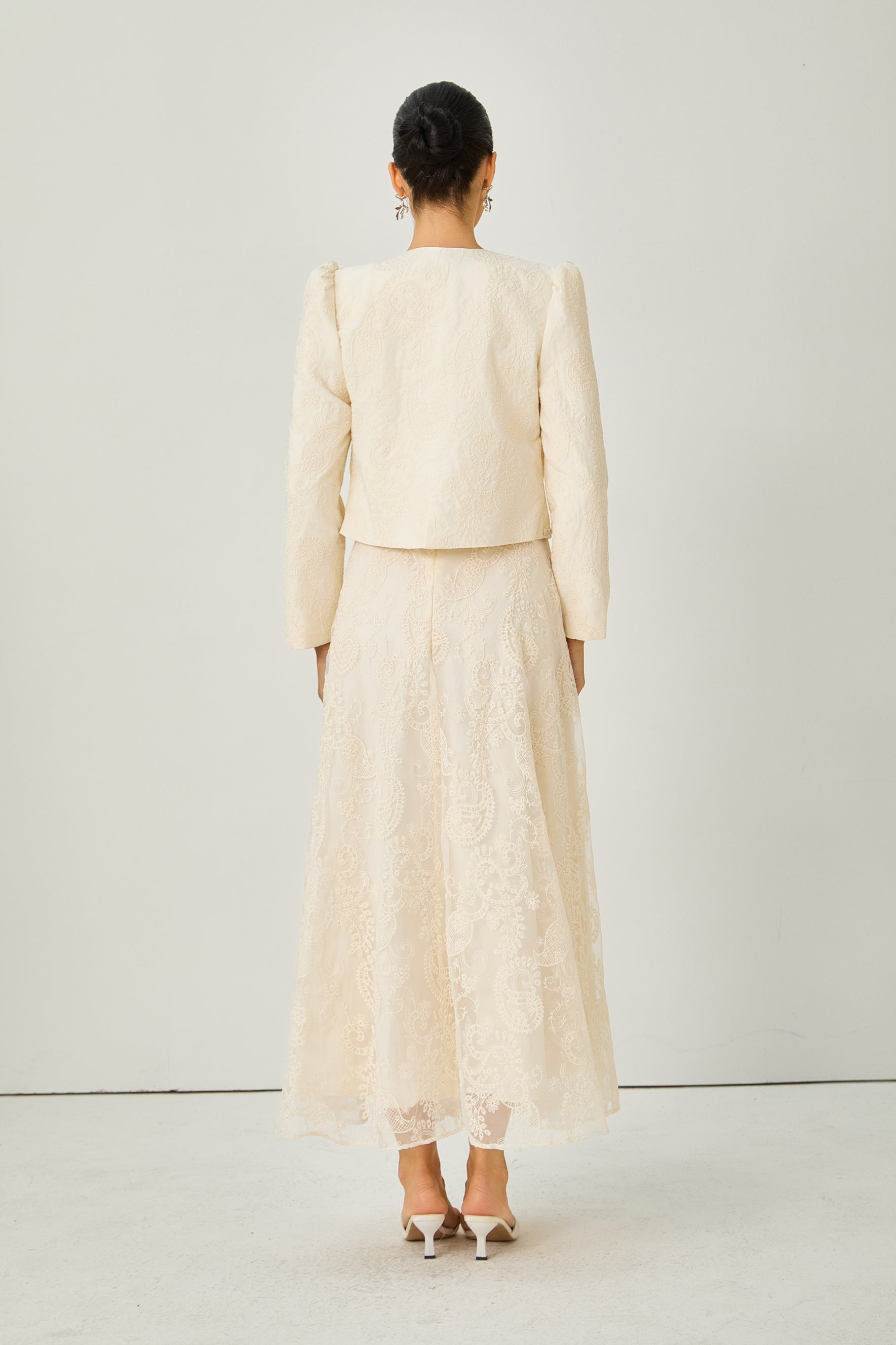 Perfectly Captivating Beige Paisley Embroidery Jacket & Dress Set