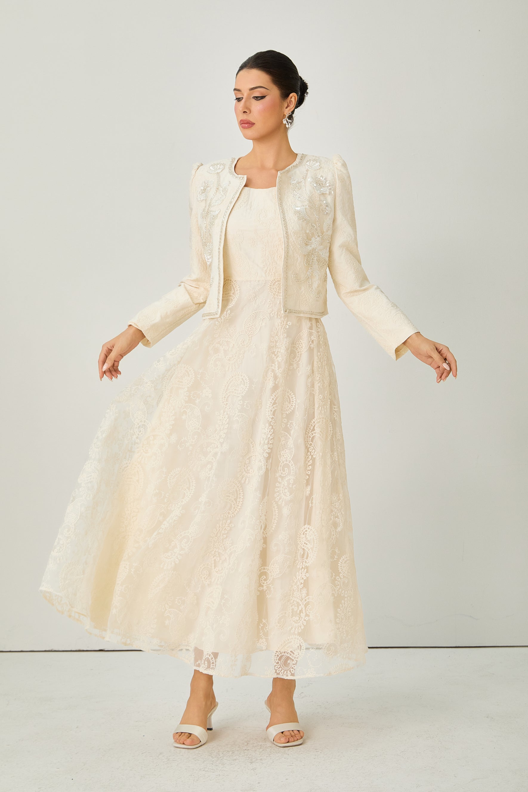 Perfectly Captivating Beige Paisley Embroidery Jacket & Dress Set