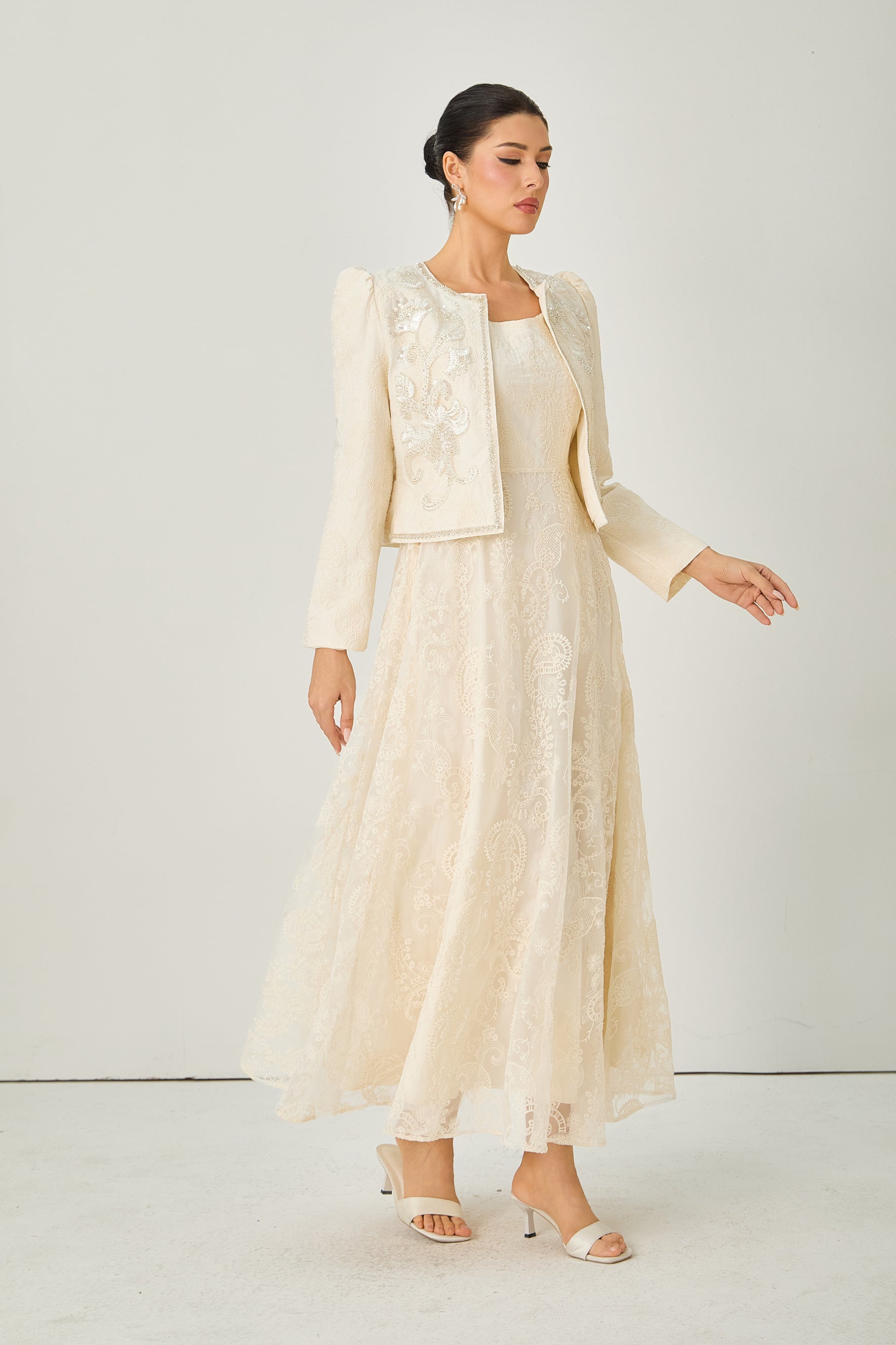 Perfectly Captivating Beige Paisley Embroidery Jacket & Dress Set