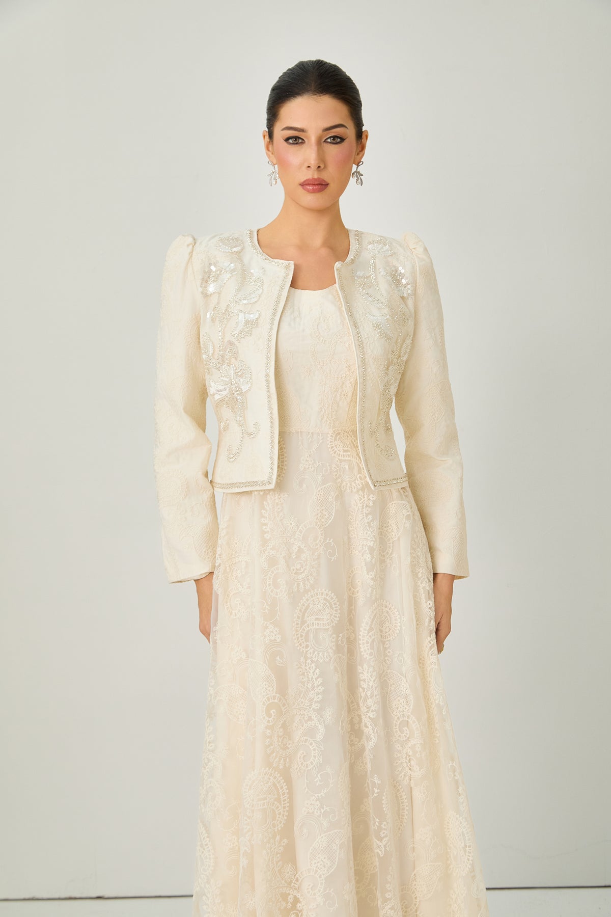 Perfectly Captivating Beige Paisley Embroidery Jacket & Dress Set