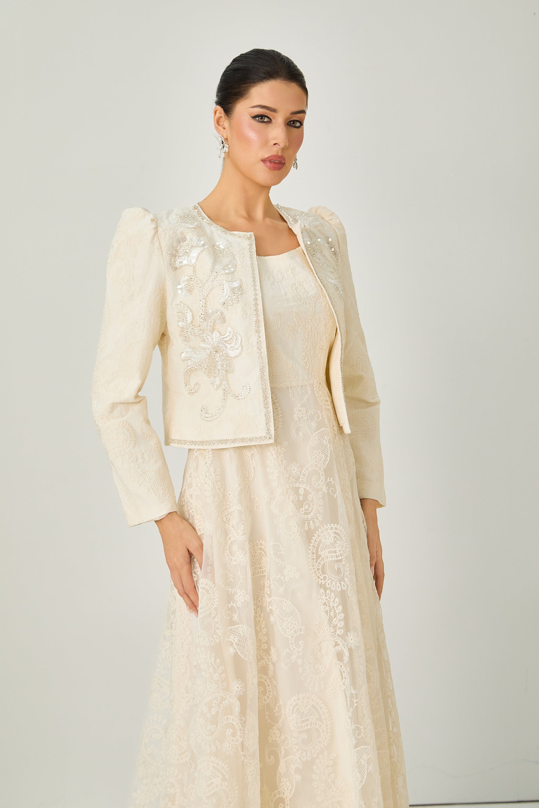 Perfectly Captivating Beige Paisley Embroidery Jacket & Dress Set