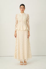 Keep It Interesting Beige Sheer Sleeve Floral Lace Top & Skirt Set