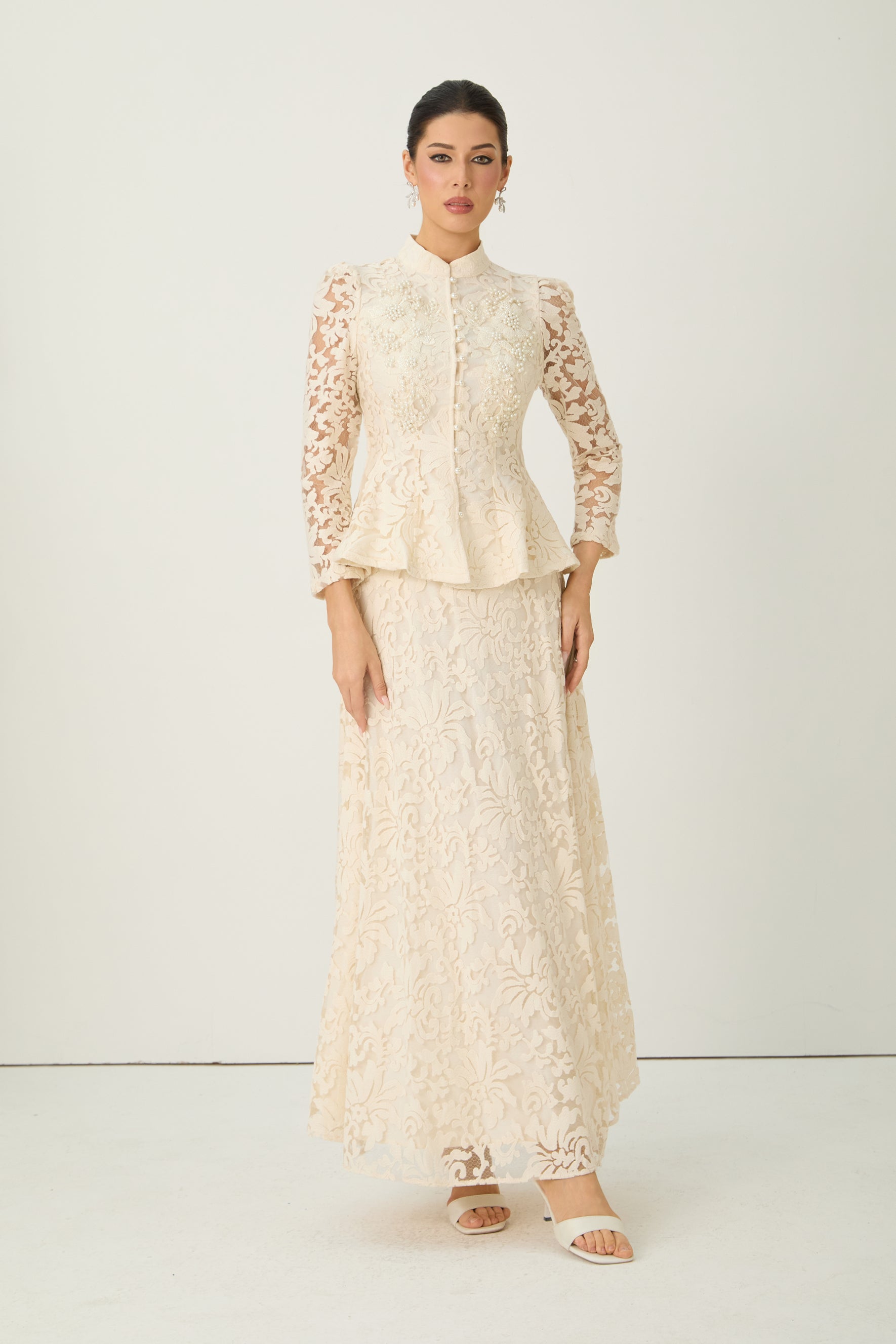 Keep It Interesting Beige Sheer Sleeve Floral Lace Top & Skirt Set