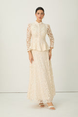 Keep It Interesting Beige Sheer Sleeve Floral Lace Top & Skirt Set