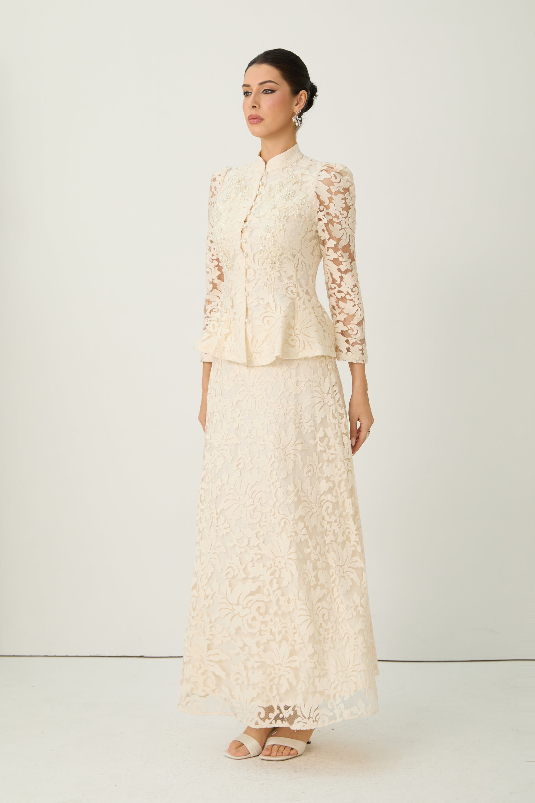 Keep It Interesting Beige Sheer Sleeve Floral Lace Top & Skirt Set