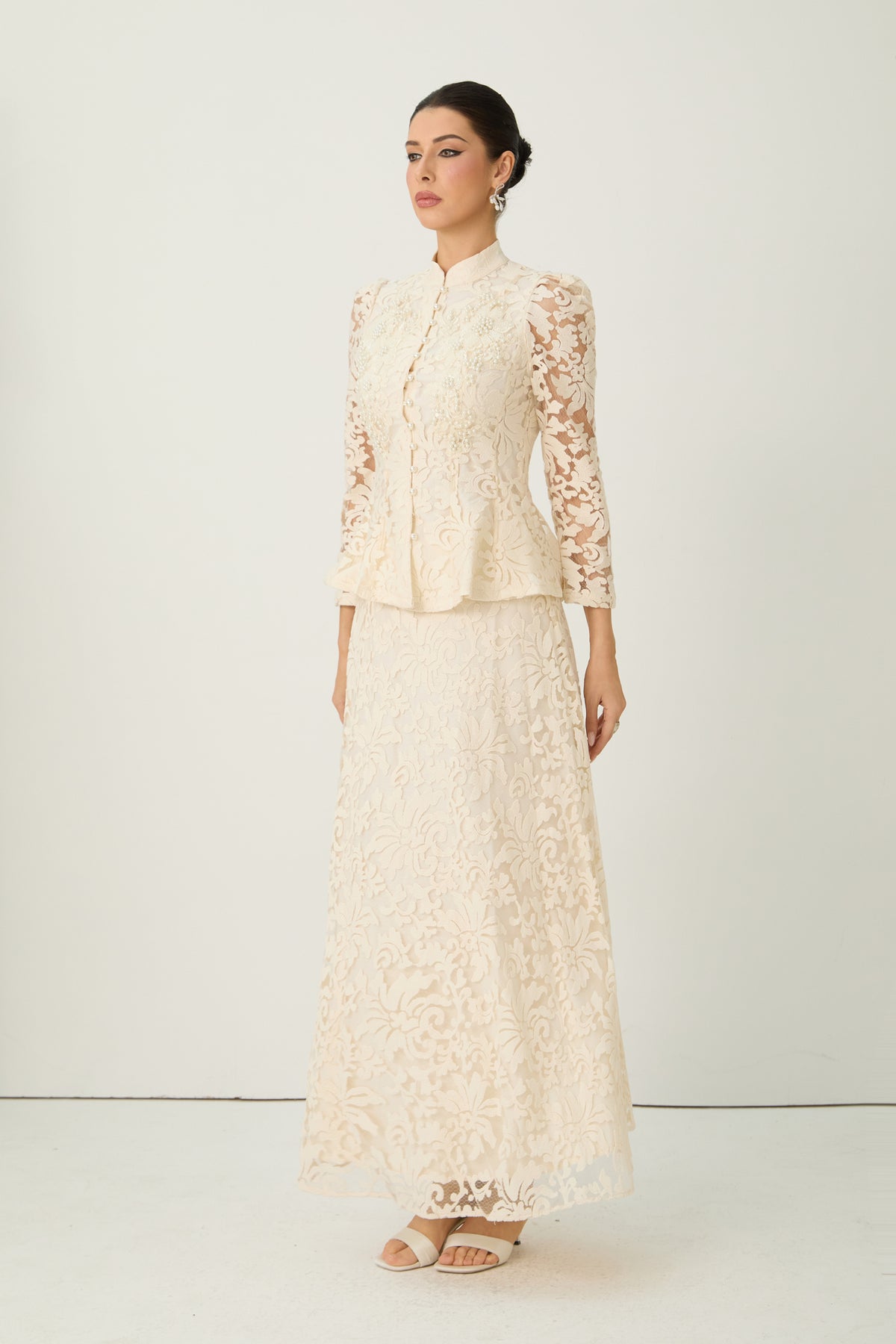 Keep It Interesting Beige Sheer Sleeve Floral Lace Top & Skirt Set