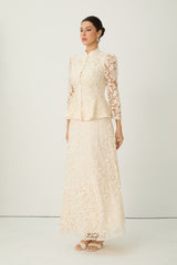 Keep It Interesting Beige Sheer Sleeve Floral Lace Top & Skirt Set