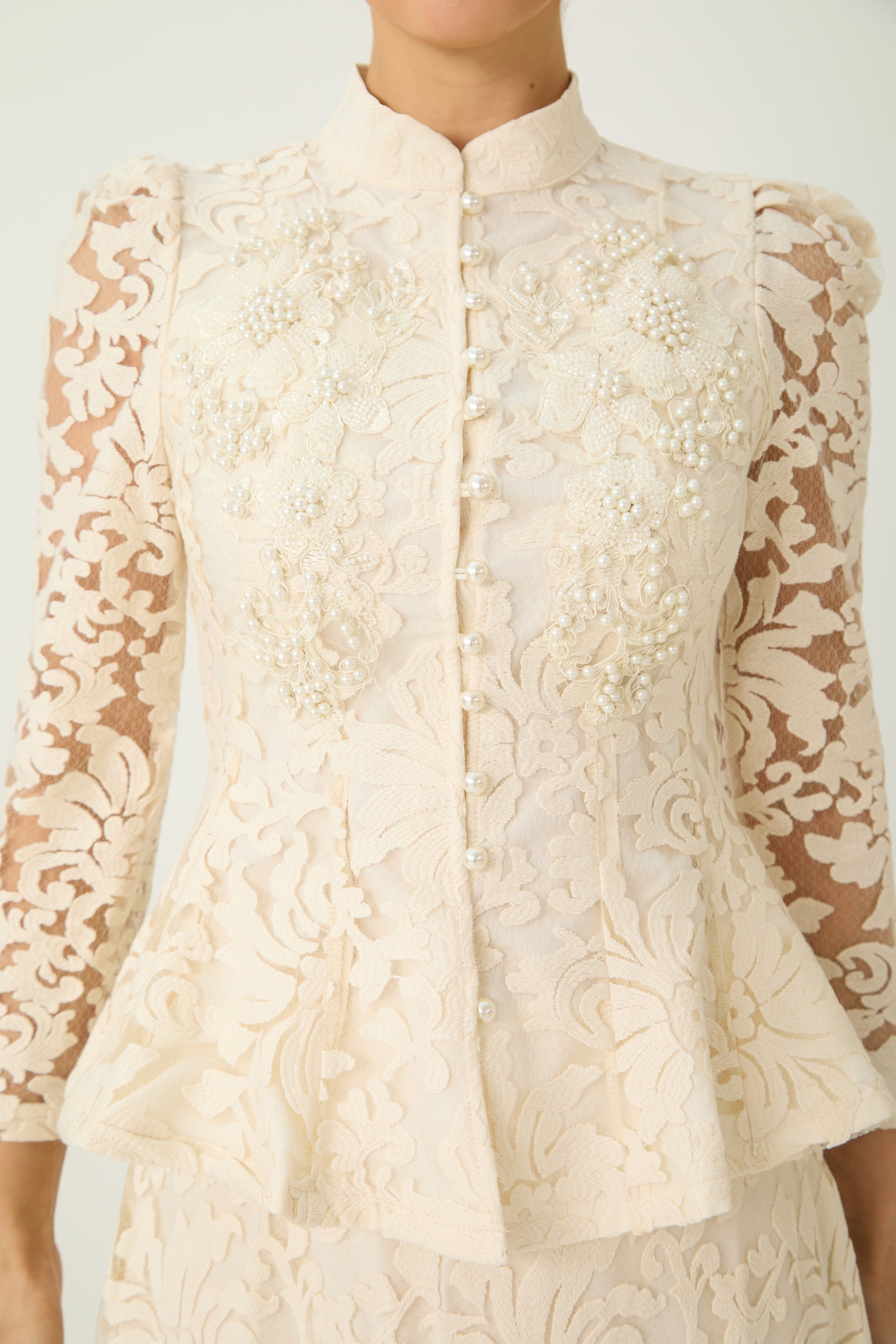 Keep It Interesting Beige Sheer Sleeve Floral Lace Top & Skirt Set