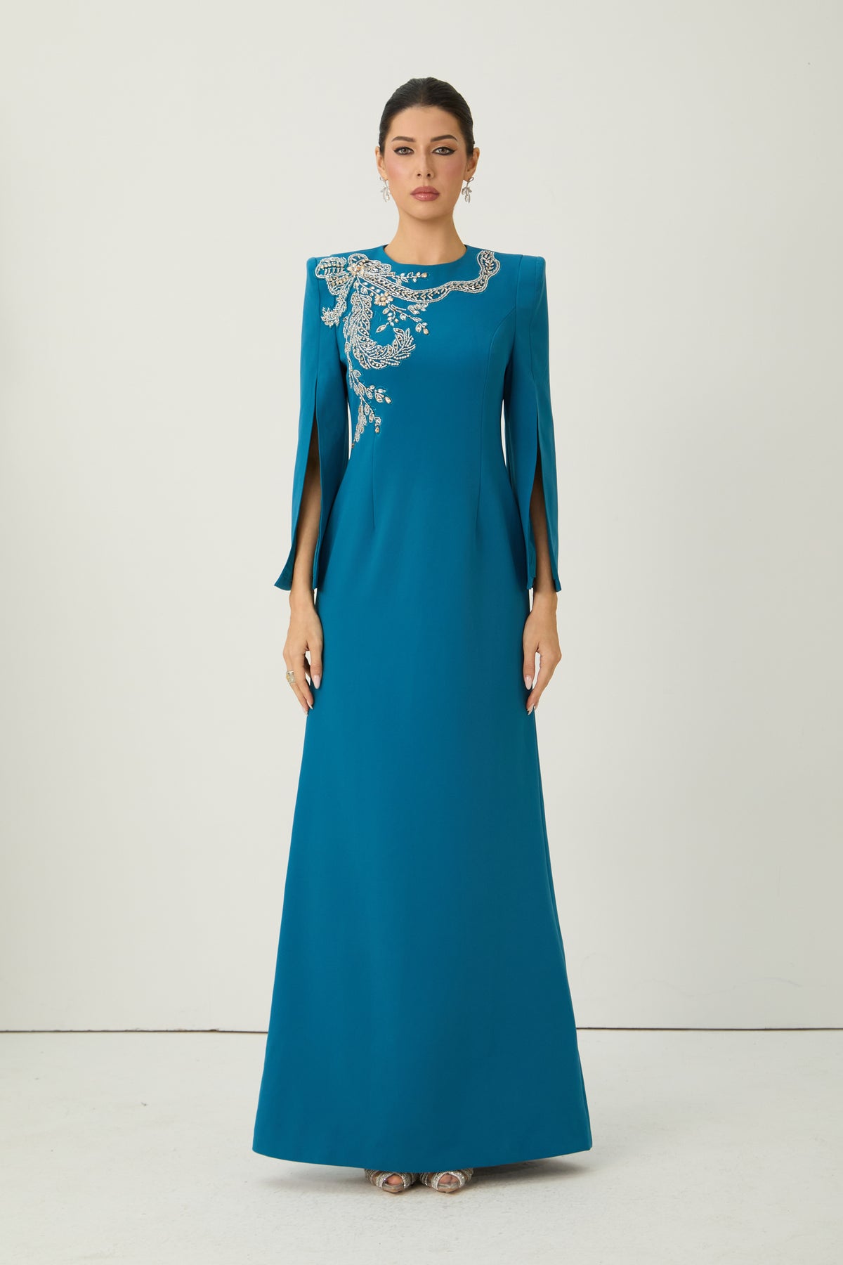 Marvelous Darling Blue Beaded Embroidery Split Cape Sleeve Maxi Dress