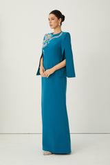 Marvelous Darling Blue Beaded Embroidery Split Cape Sleeve Maxi Dress