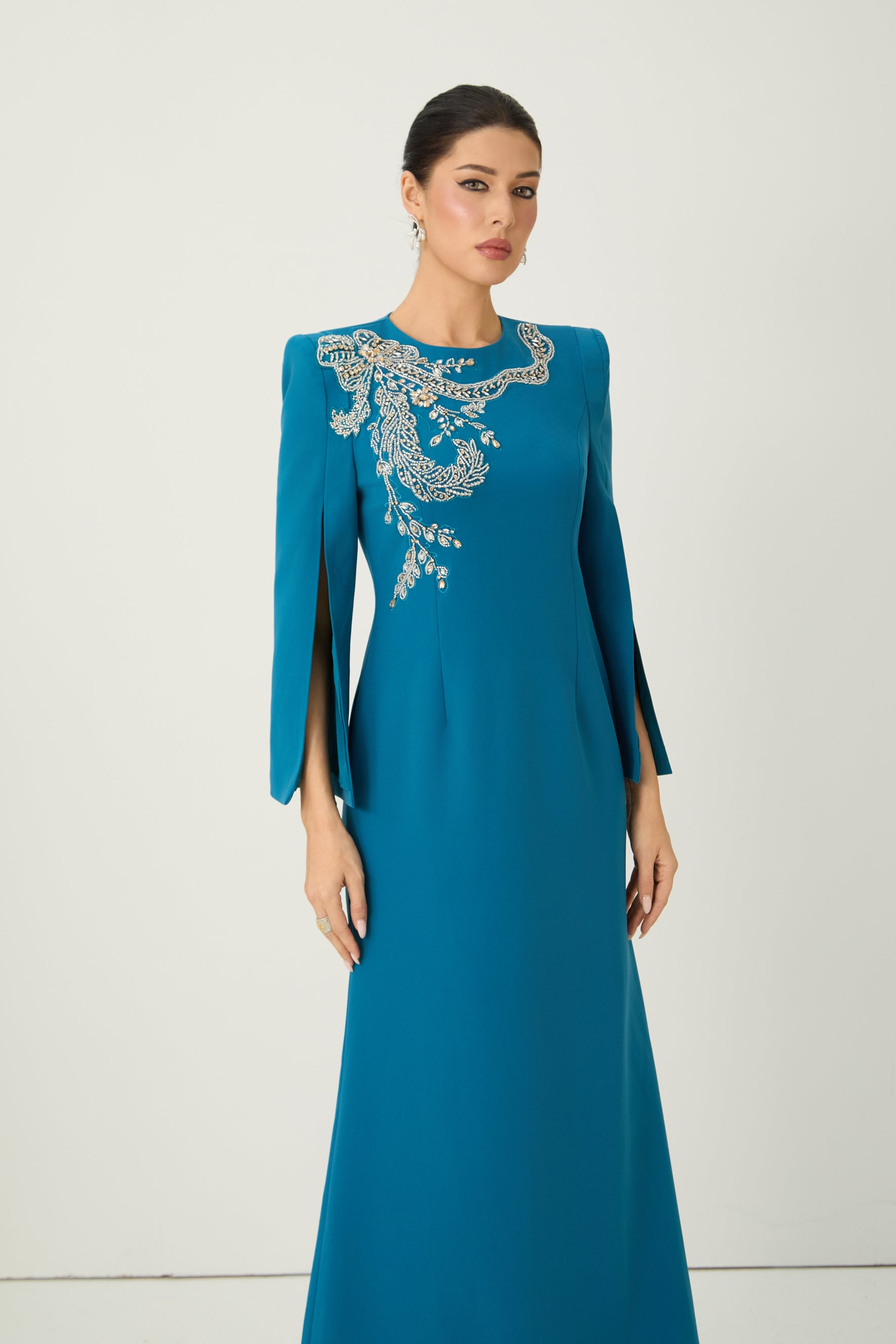 Marvelous Darling Blue Beaded Embroidery Split Cape Sleeve Maxi Dress