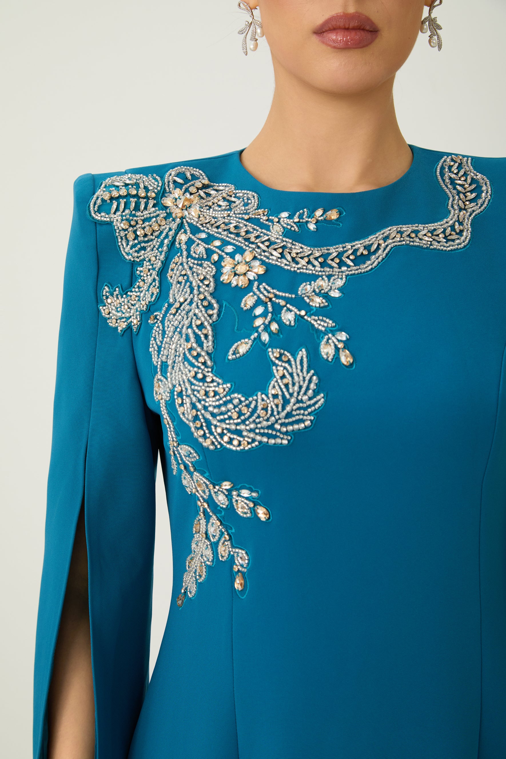 Marvelous Darling Blue Beaded Embroidery Split Cape Sleeve Maxi Dress