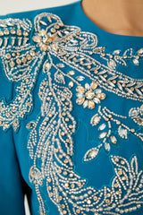 Marvelous Darling Blue Beaded Embroidery Split Cape Sleeve Maxi Dress