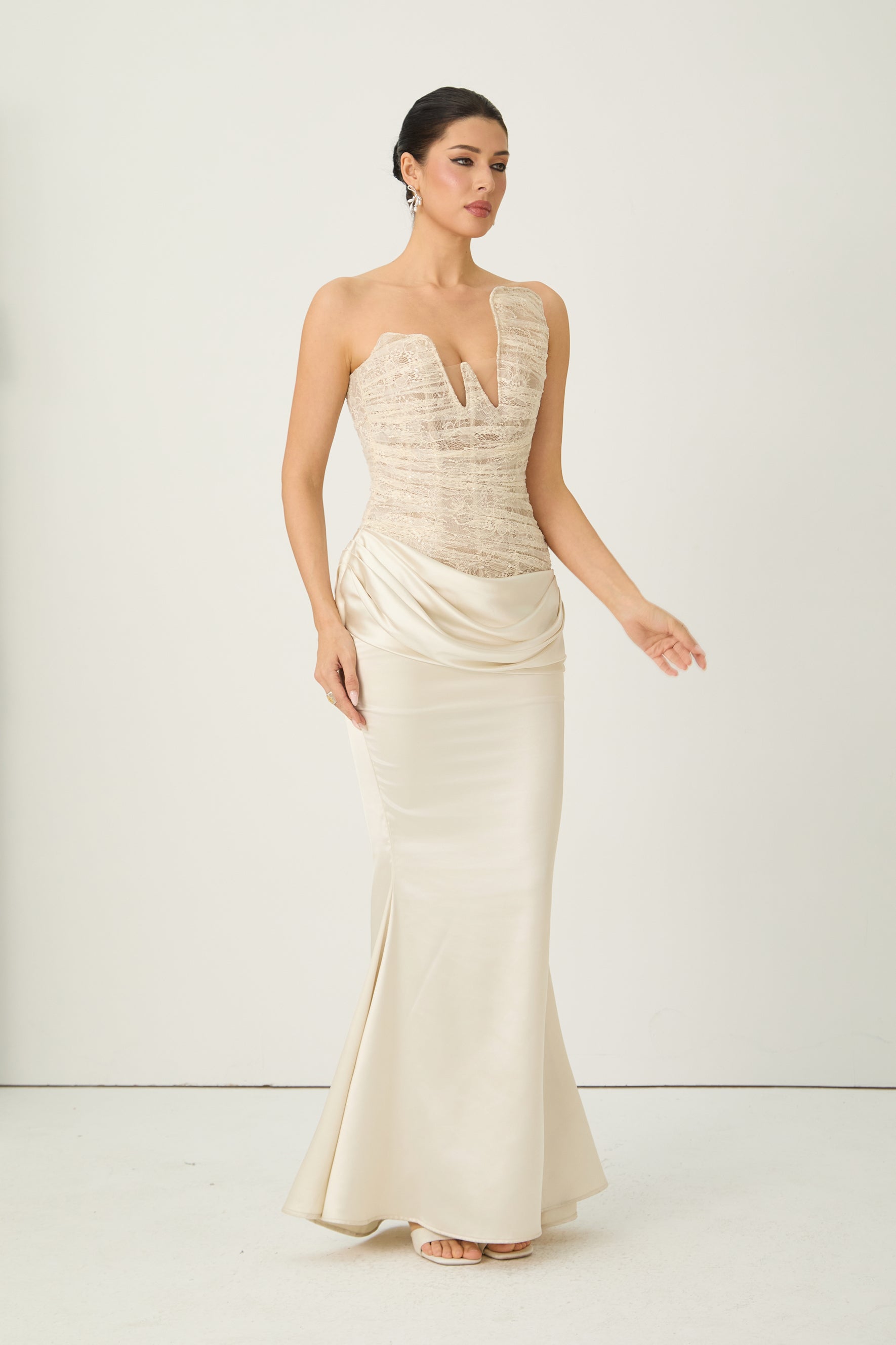 Love Potion Beige Strapless Lace Corset Maxi Dress
