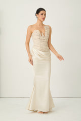 Love Potion Beige Strapless Lace Corset Maxi Dress