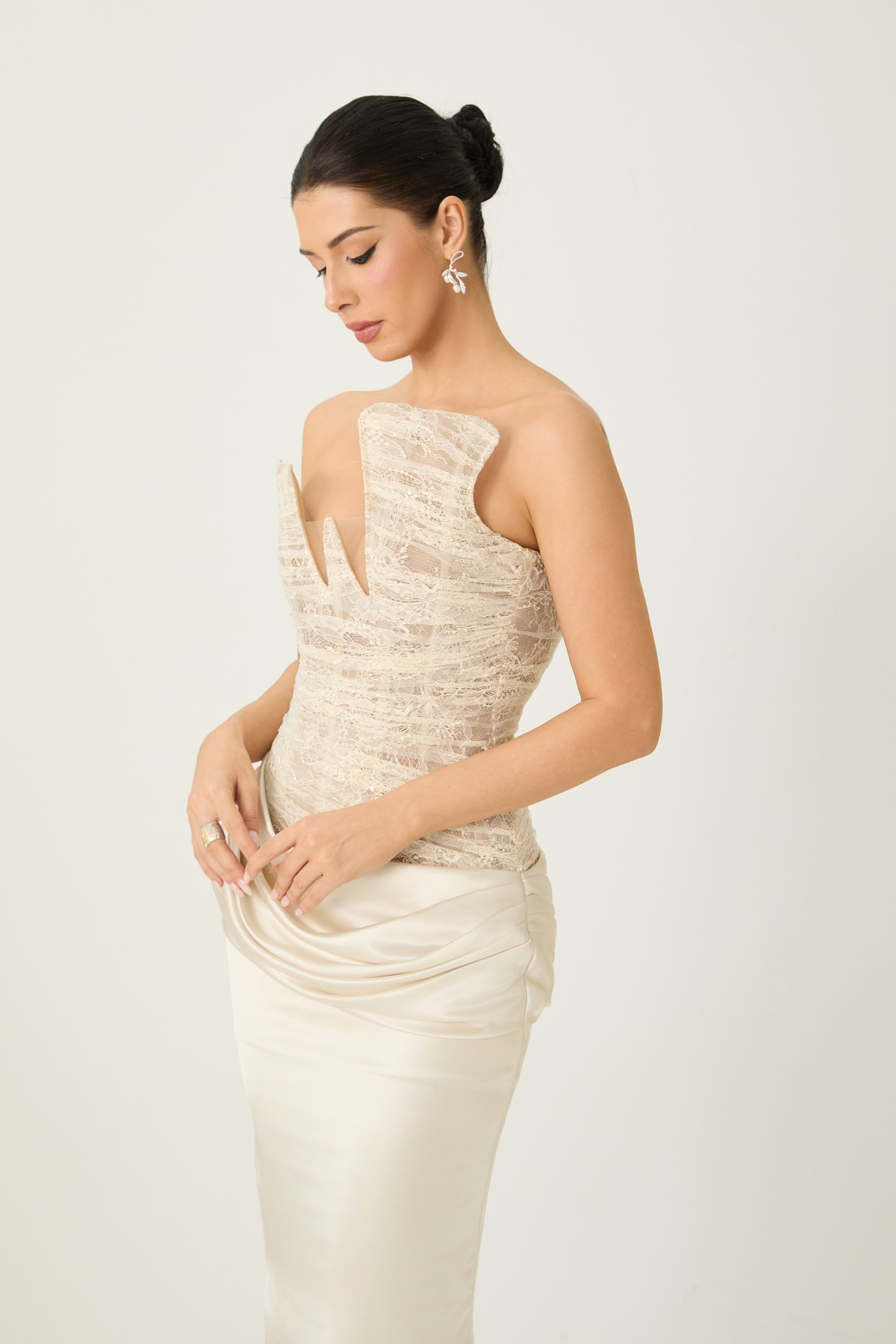Love Potion Beige Strapless Lace Corset Maxi Dress