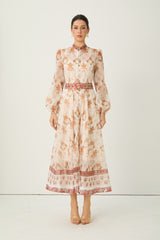 Glowing Presence Apricot Floral Print Mandarin Collar Maxi Dress