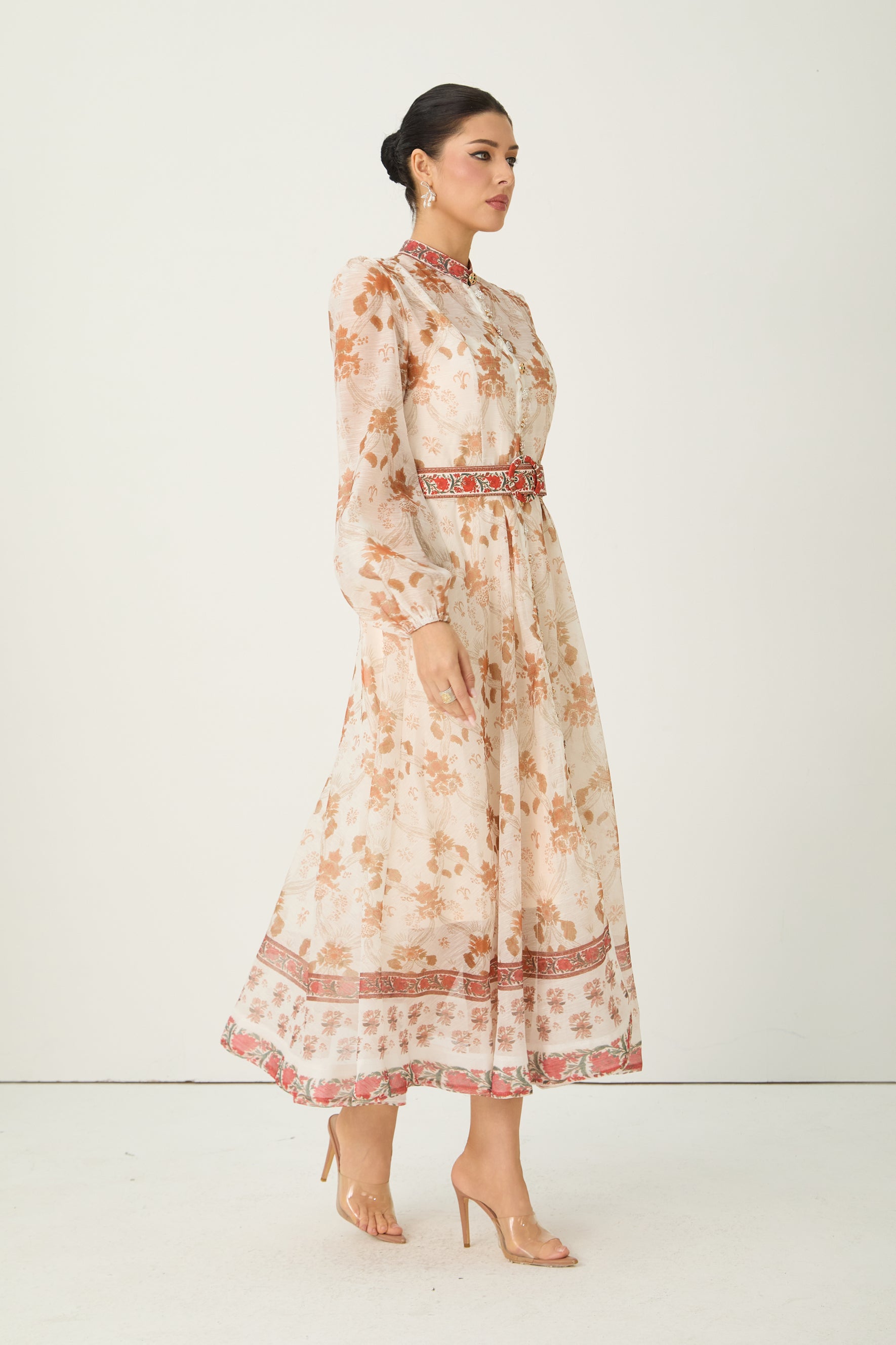 Glowing Presence Apricot Floral Print Mandarin Collar Maxi Dress