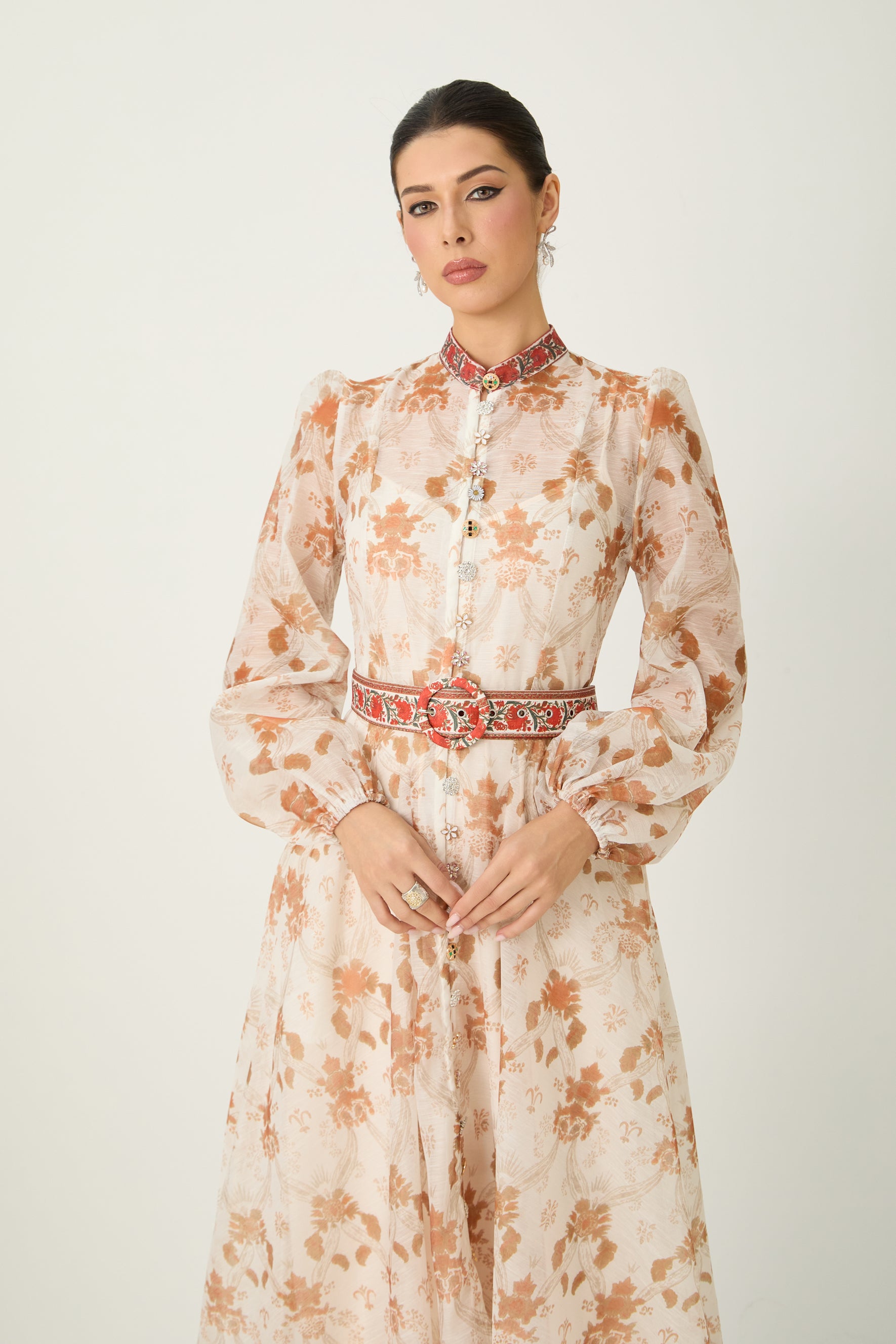 Glowing Presence Apricot Floral Print Mandarin Collar Maxi Dress