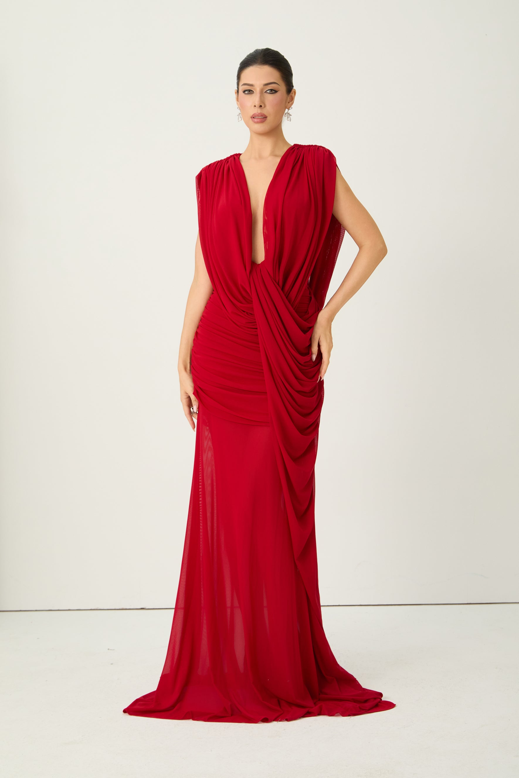 See The City Red Deep V-Neck Ruched Maxi Dress