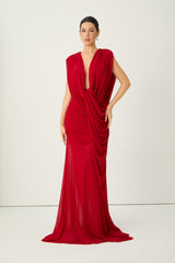 See The City Red Deep V-Neck Ruched Maxi Dress