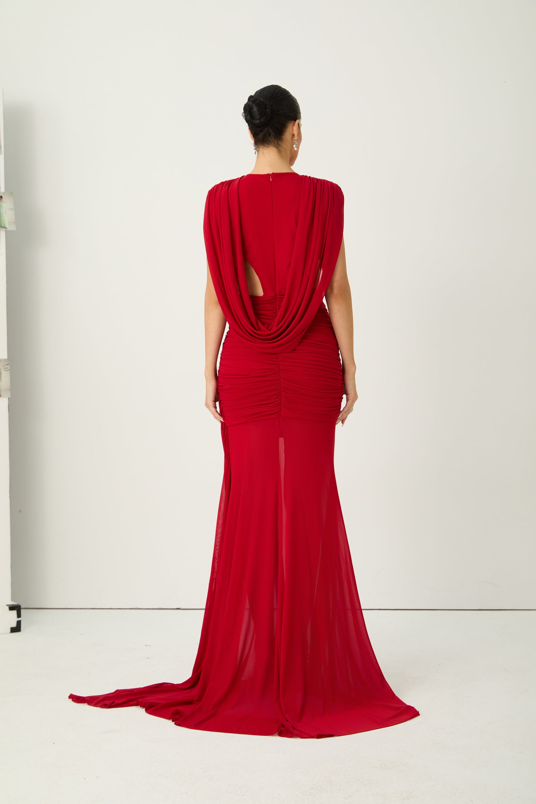 See The City Red Deep V-Neck Ruched Maxi Dress